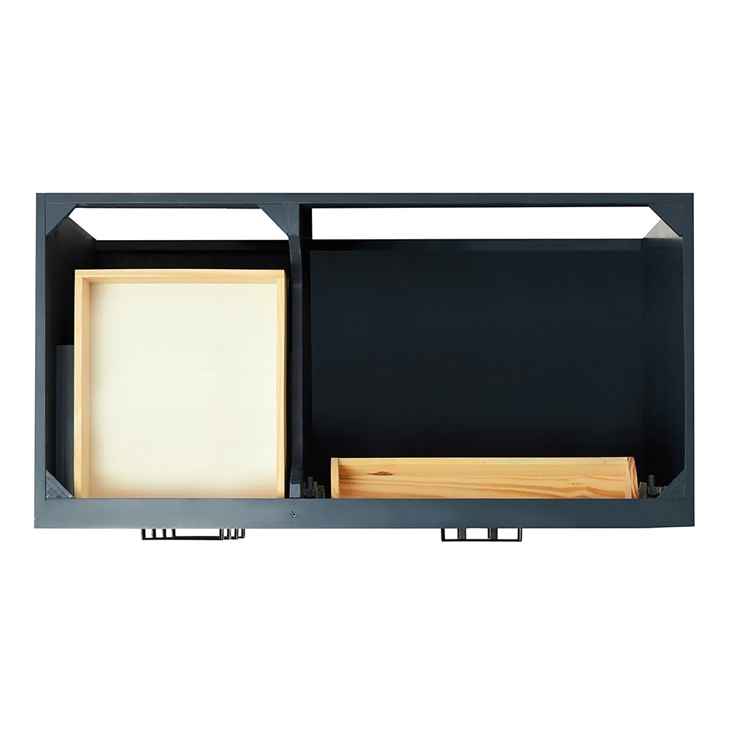 Top-down view of a 43-inch modern bathroom vanity in stone finish showing two open compartments with light solid wood removable trays, dark framed interior and visible metal drawer handles.