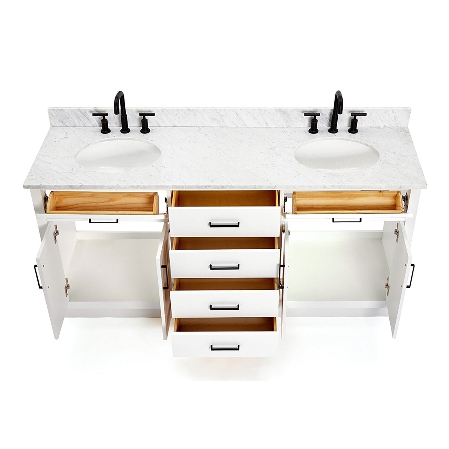 73-inch white solid wood double-sink vanity with Giotto white quartz countertop, two undermount sinks, matte black faucets and hardware, and open drawers and cabinets revealing natural wood interiors.