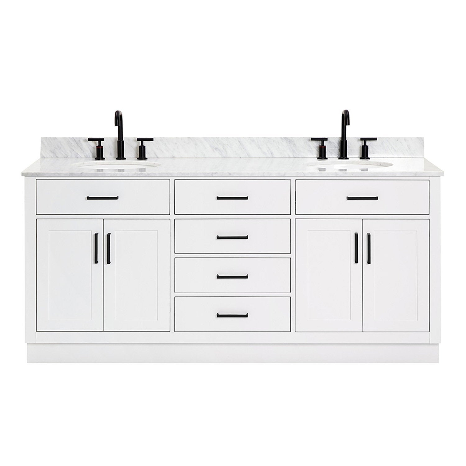 White 73-inch solid wood freestanding bathroom vanity with Giotto quartz countertop, two undermount sinks, matte black faucets and handles, shaker-style cabinet doors and center drawers for storage.