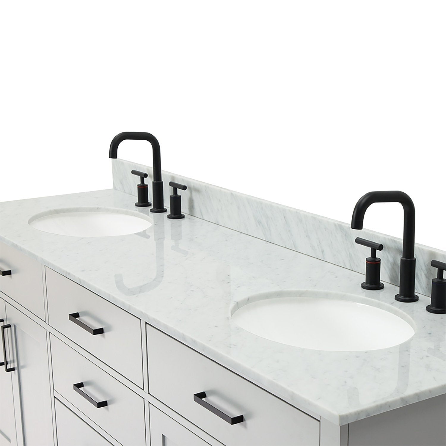 73-inch modern solid wood bathroom vanity with white cabinetry and Giotto quartz marble-look top, two undermount white sinks, matte black faucets and matching black drawer pulls.
