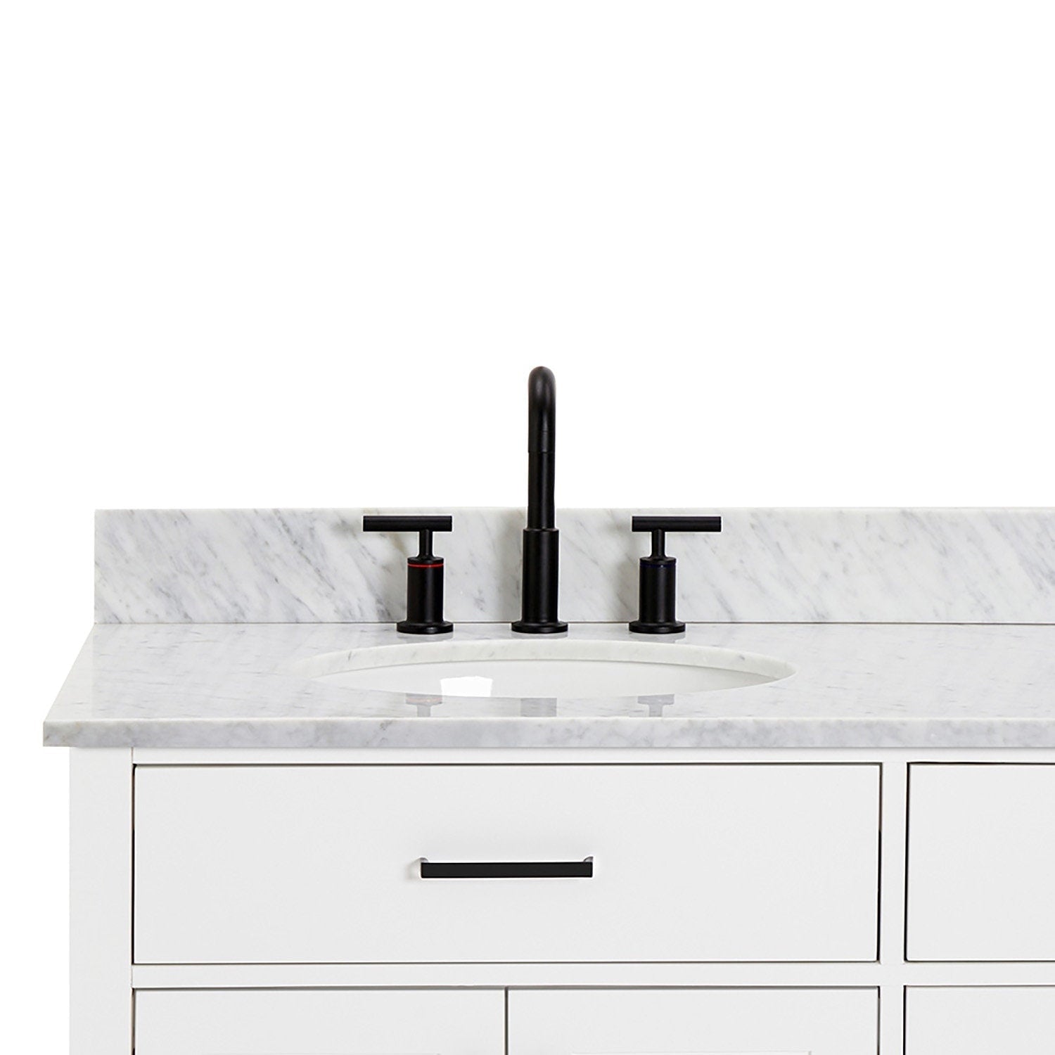 Front view of a white solid-wood bathroom vanity with light gray veined quartz countertop and backsplash, undermount ceramic sink, matte black widespread faucet and matching black drawer pull.