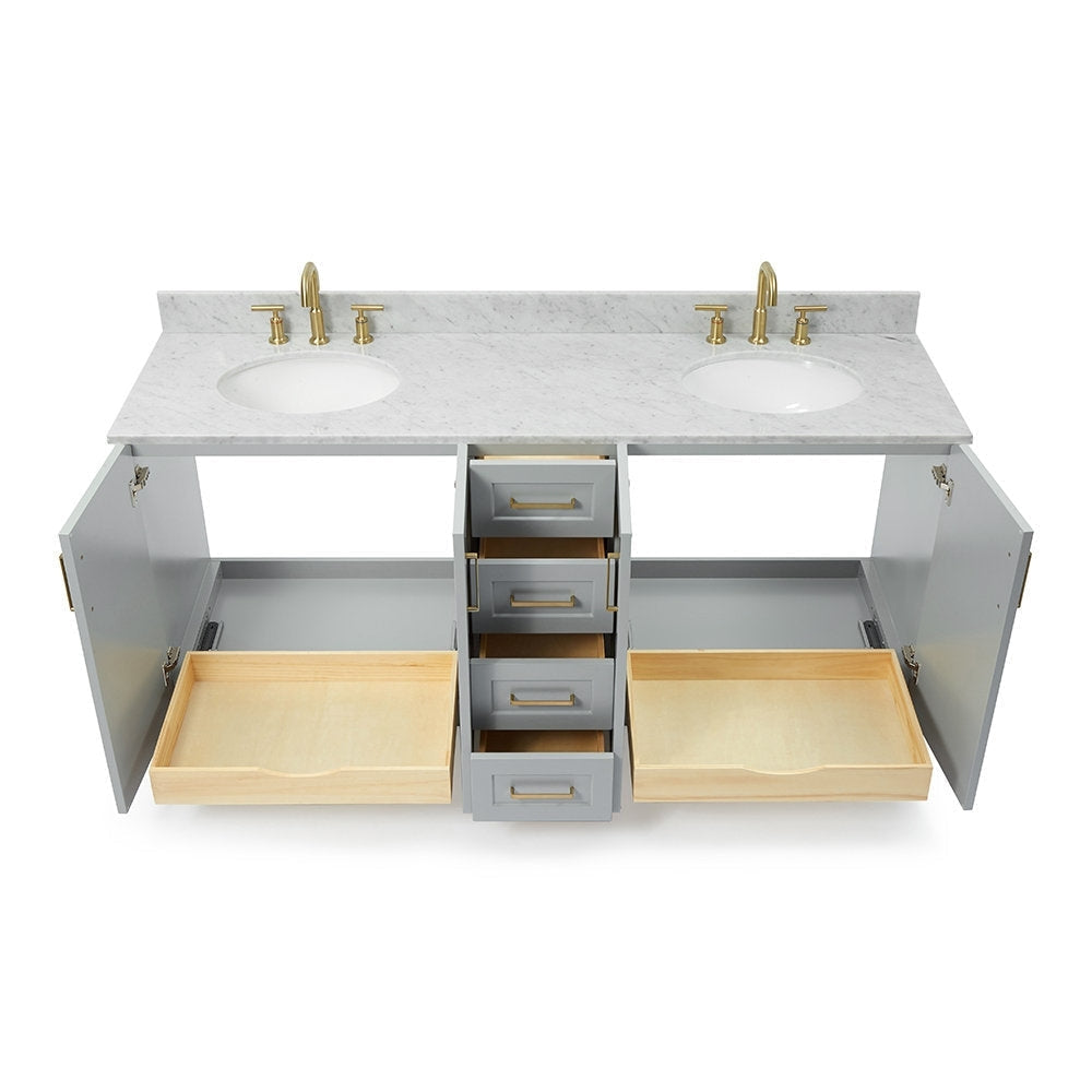 73-inch modern solid wood bathroom vanity with stone countertop, two white undermount sinks, satin-bronze faucets, gray painted cabinet with open doors and center drawers showing wooden pull-out trays.