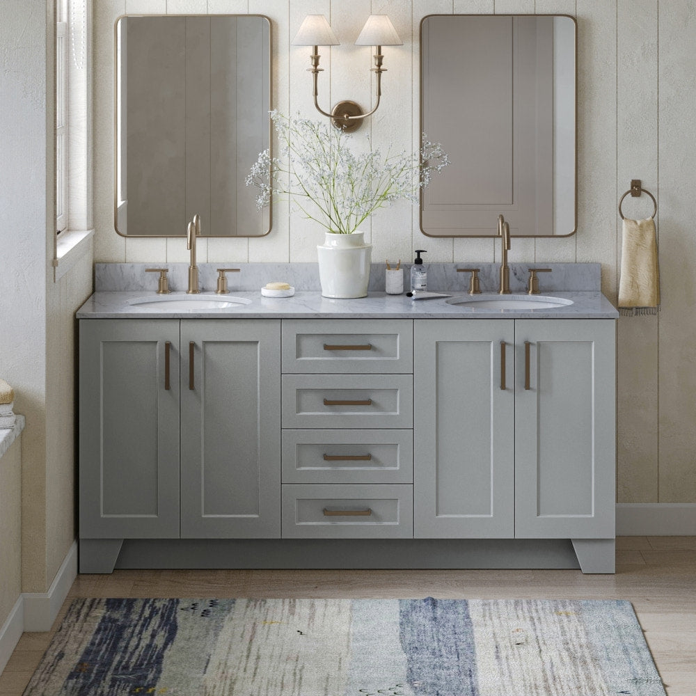 73-inch modern solid wood bathroom vanity in gray with a stone countertop, two undermount sinks, satin-bronze faucets and pulls, four center drawers and shaker-style doors, shown with mirrors and a wall sconce.