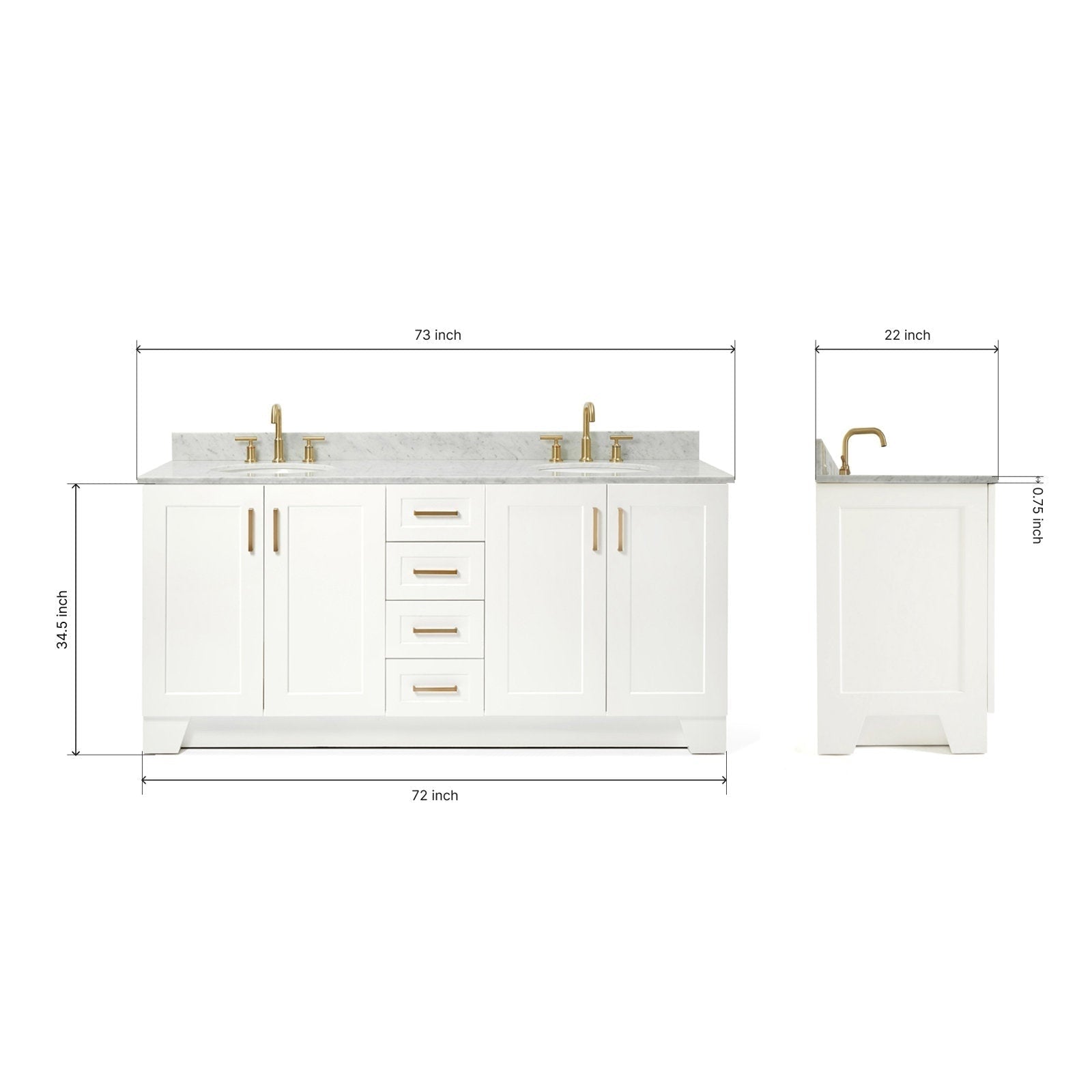 Front and side views of a 73-inch freestanding white solid wood bathroom vanity with a stone countertop, satin bronze faucets and matching bronze hardware, center stacked drawers, side cabinets and dimension lines.