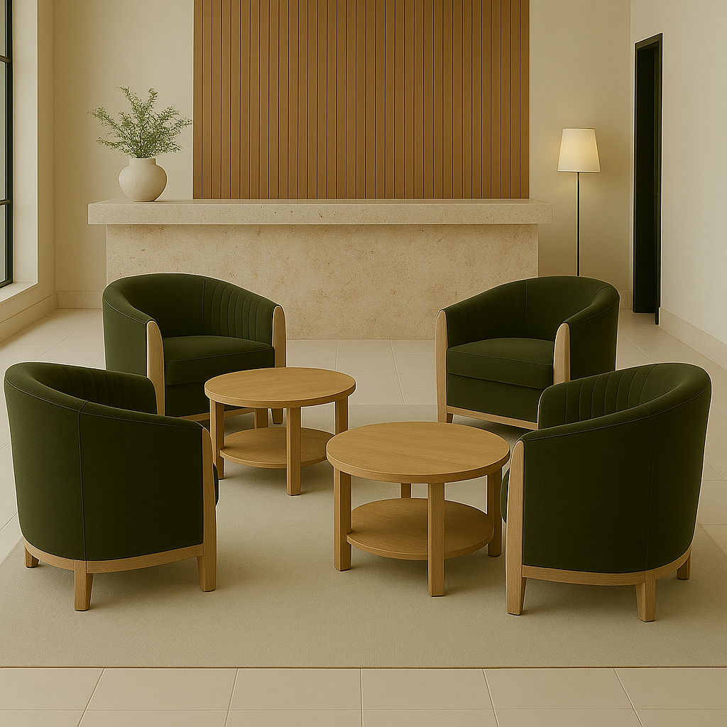 Four olive-green velvet accent chairs with natural wood frames and legs arranged around two round wood coffee tables on a neutral rug in a modern living room with a floor lamp and ceramic planter.