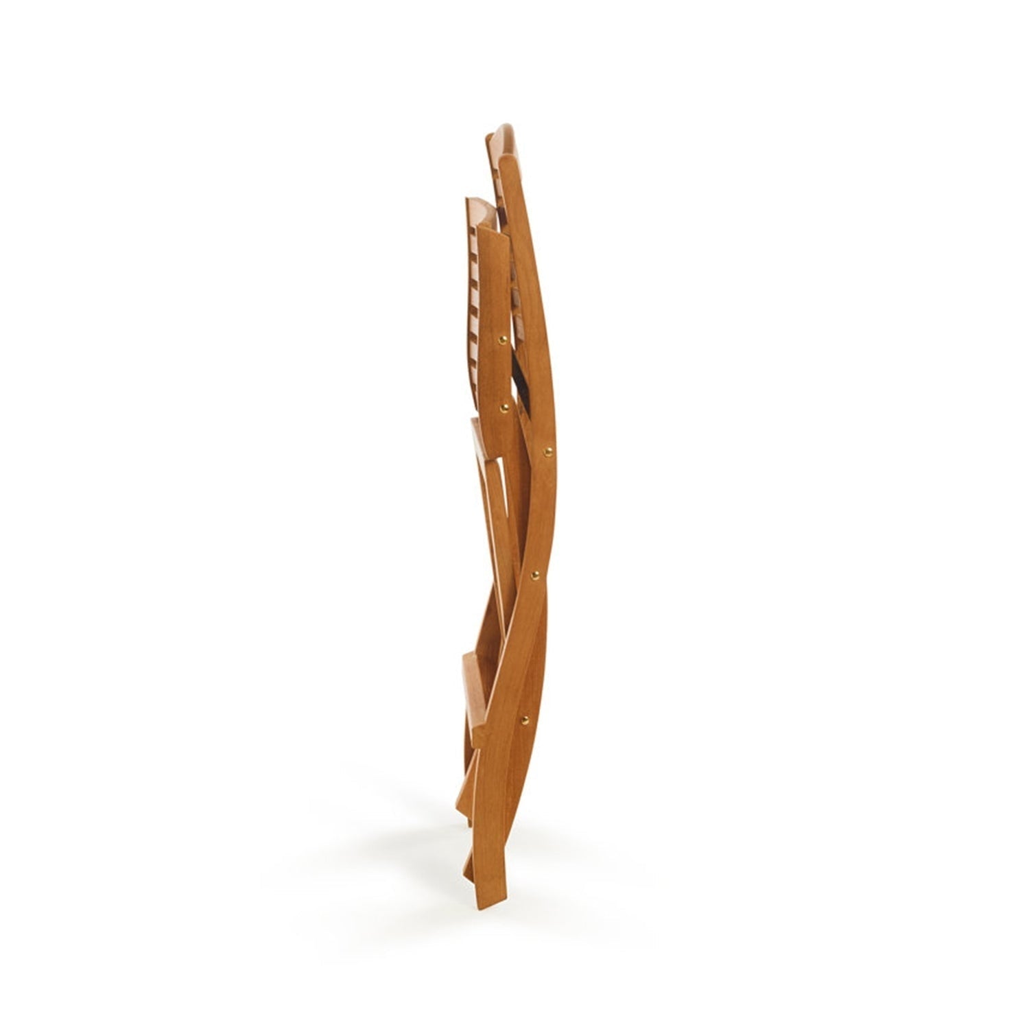 Side profile of a folded armless teak outdoor bar stool in a natural finish, showing slatted back, curved solid-wood frame and visible brass hardware against a white background.