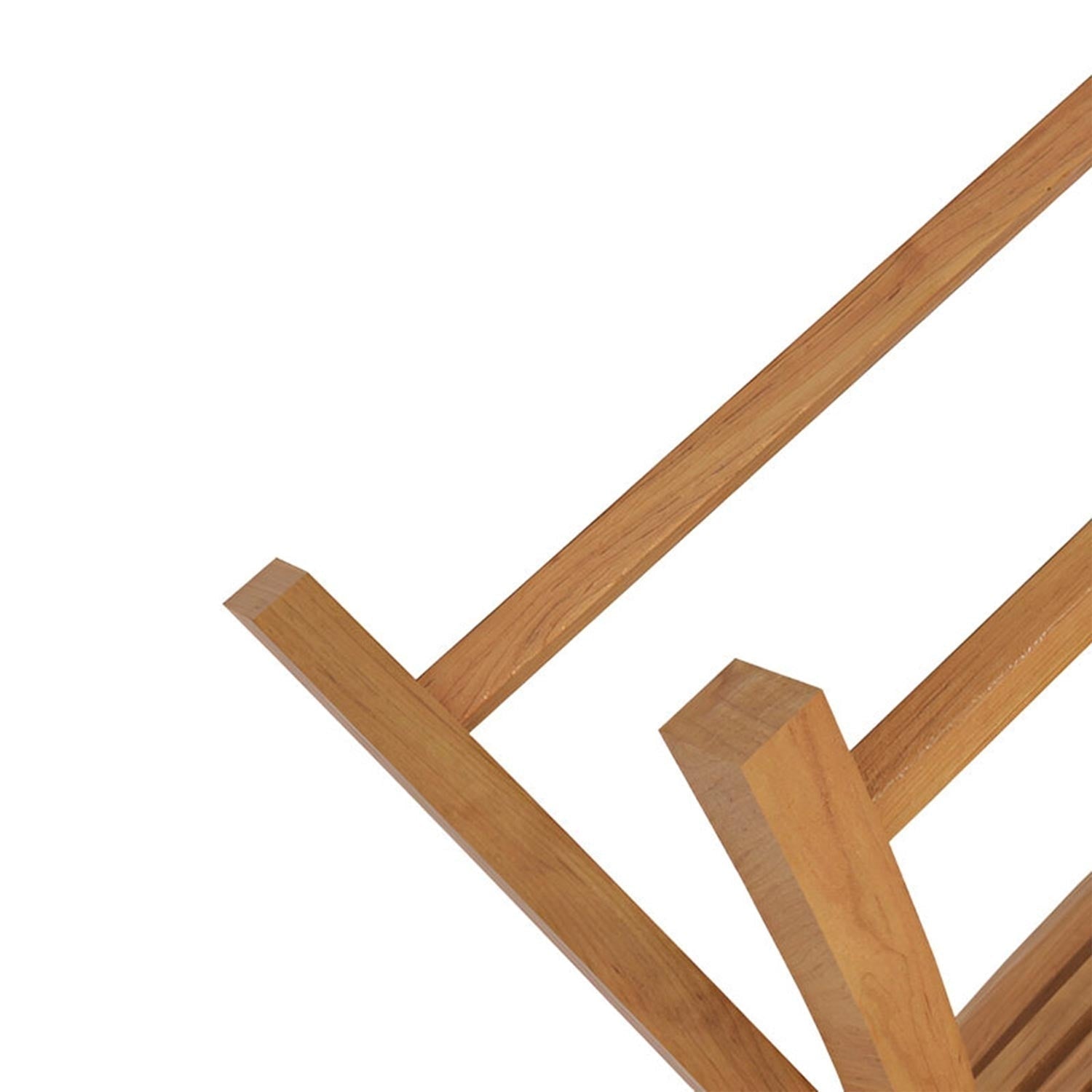 Close-up of a natural teak solid wood folding armless bar stool frame showing diagonal legs and support rails in a warm teak finish on a white background.