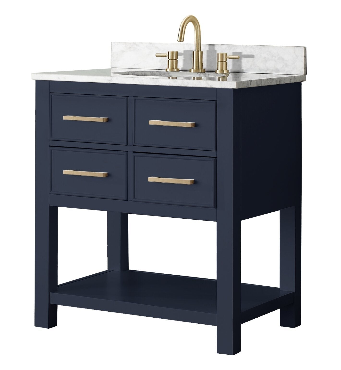 Modern solid wood 31-inch single-sink bathroom vanity with a stone countertop, navy painted base, open bottom shelf and gold-tone faucet and drawer pulls.