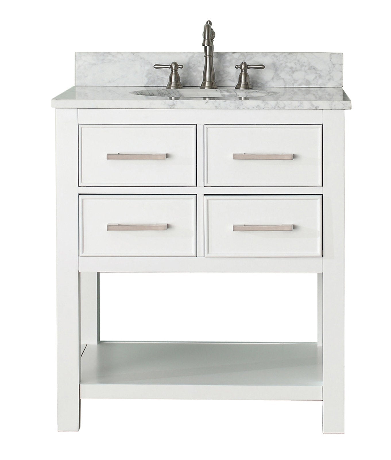 Modern freestanding bathroom vanity in white solid wood with a stone marble top and backsplash, integrated single ceramic sink, four drawer fronts with brushed-nickel pulls and an open lower shelf.