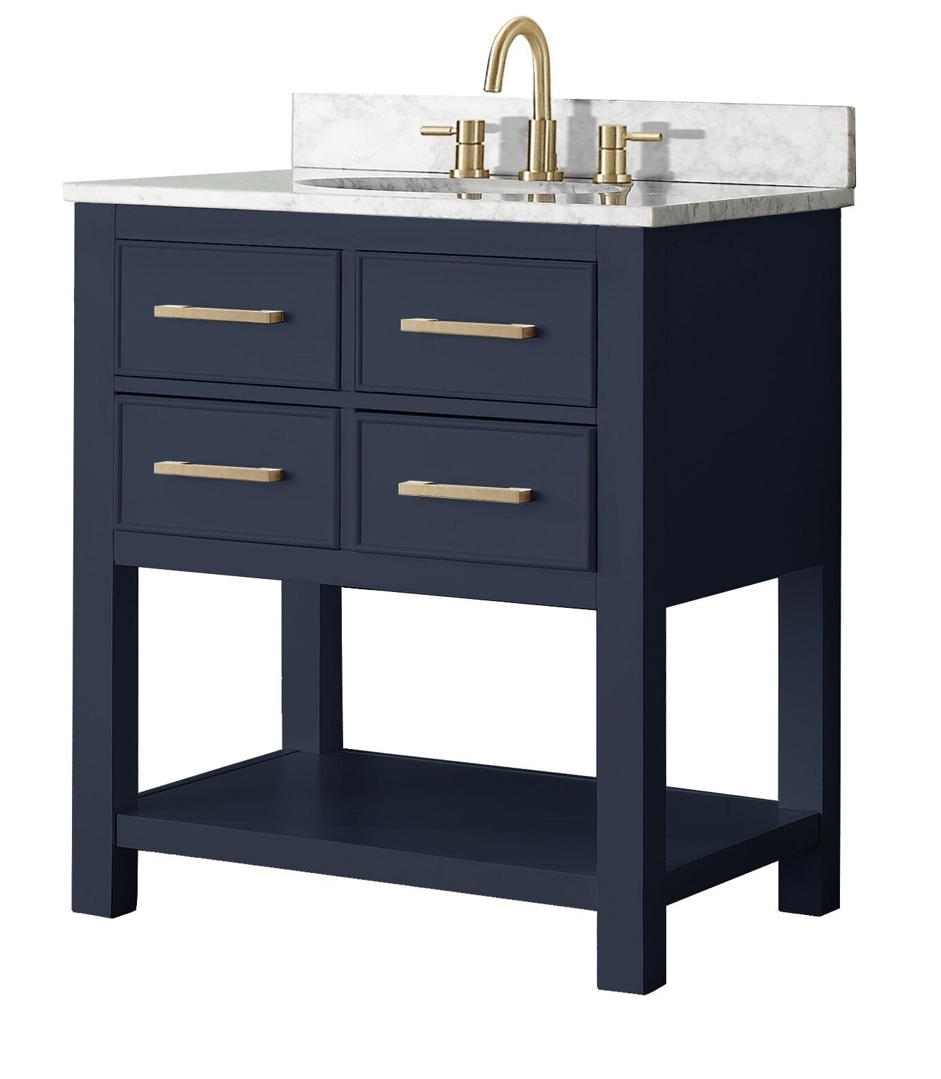 Modern freestanding solid wood bathroom vanity with white stone countertop and backsplash, undermount ceramic sink, brass faucet and gold-tone drawer pulls, four front drawers and open lower shelf.