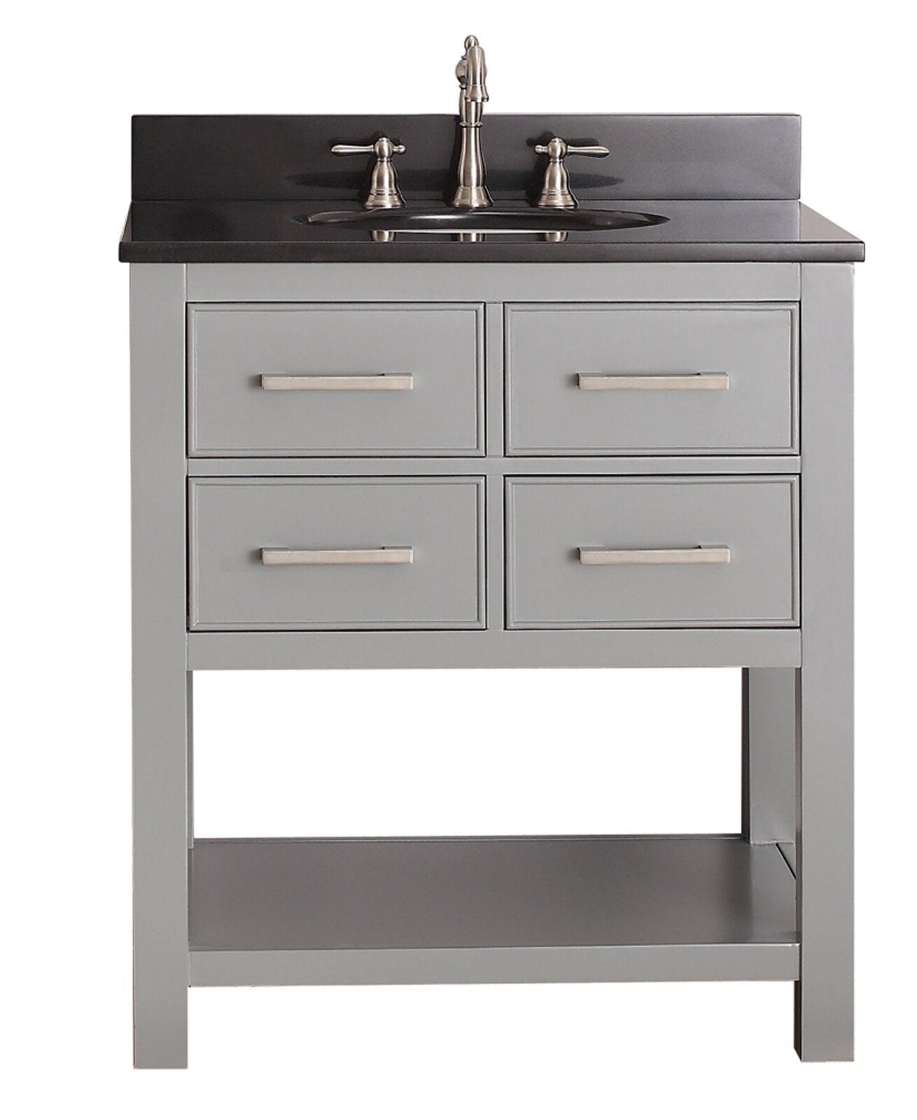Stone-gray solid wood single-sink bathroom vanity with dark stone countertop, undermount ceramic sink, brushed nickel faucet, four rectangular drawer fronts with bar pulls, and an open lower shelf.