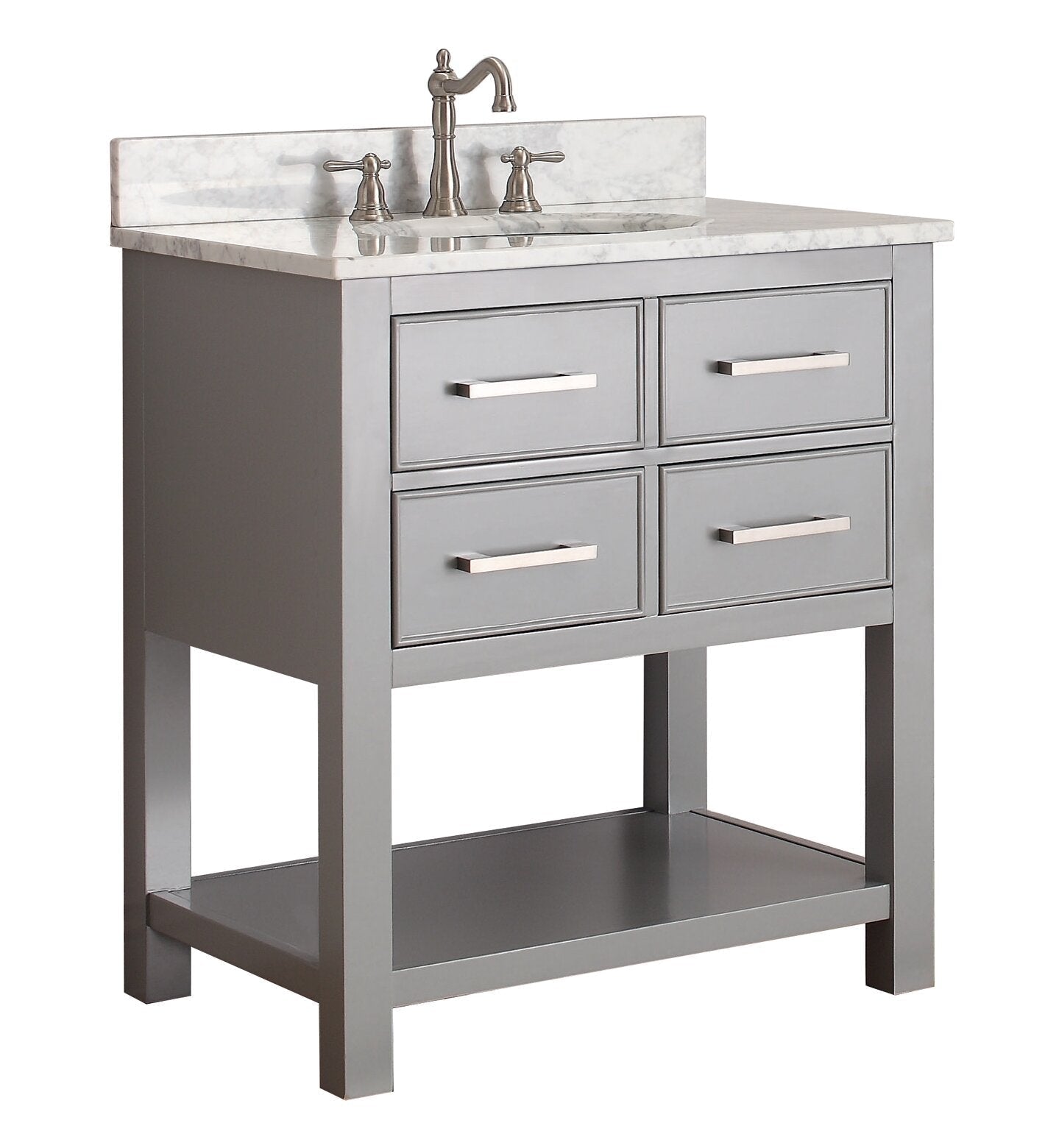 Freestanding modern bathroom vanity in stone-gray solid wood with a stone countertop and backsplash, single ceramic undermount sink, brushed-nickel faucet, four drawers with rectangular bar pulls and an open lower shelf.