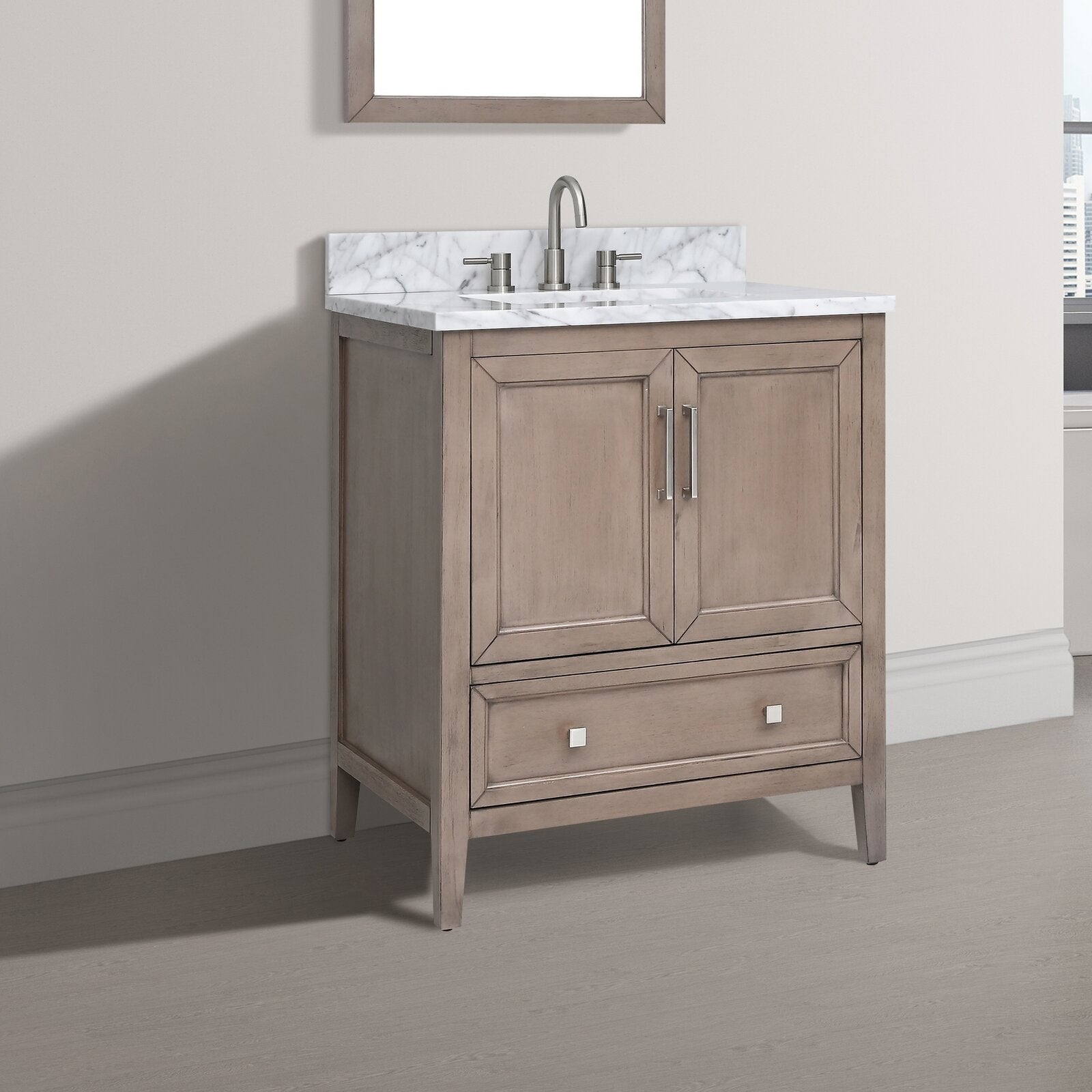 Freestanding 31-inch solid wood bathroom vanity in a stone finish with white marble top and backsplash, undermount ceramic sink, brushed nickel faucet, two cabinet doors and a lower storage drawer.
