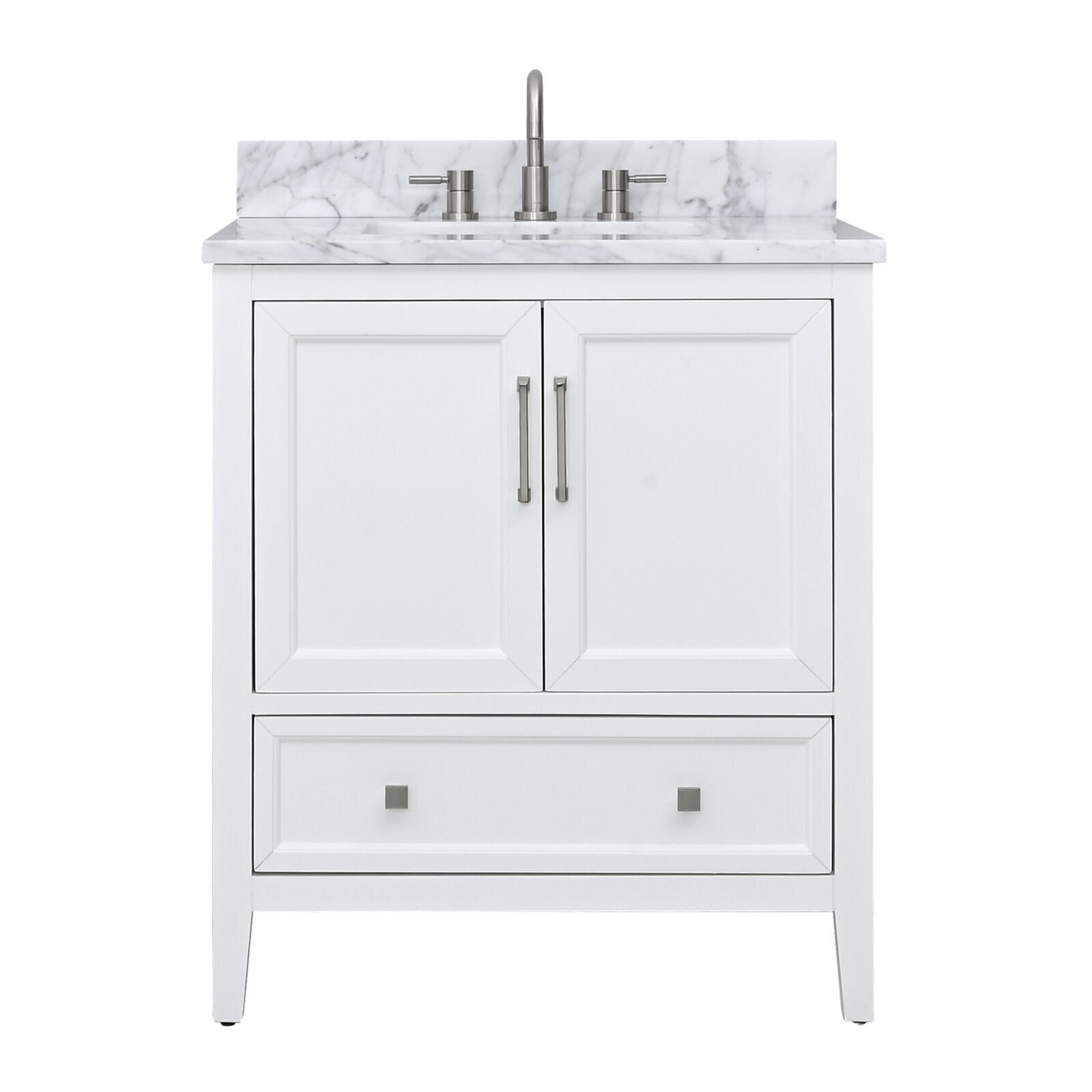 Freestanding modern single-sink vanity with a solid wood white cabinet, marble-look stone countertop and backsplash, center brushed-nickel faucet, integrated ceramic sink, two framed doors with bar pulls and a lower drawer with square knobs.