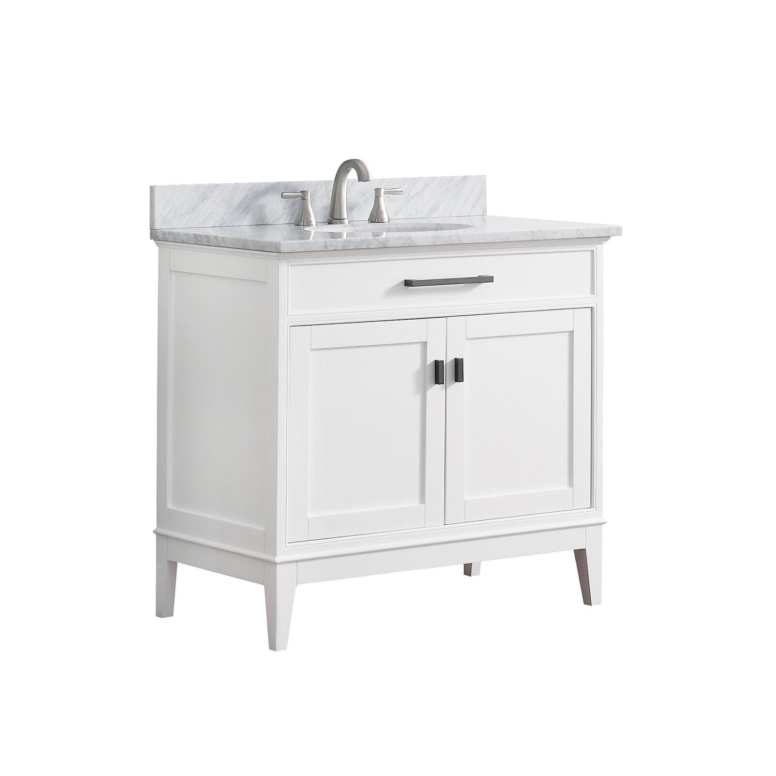 Freestanding modern 37-inch single-sink bathroom vanity in white solid wood with a stone marble top and backsplash, inset ceramic sink, brushed nickel faucet and dark rectangular cabinet hardware.