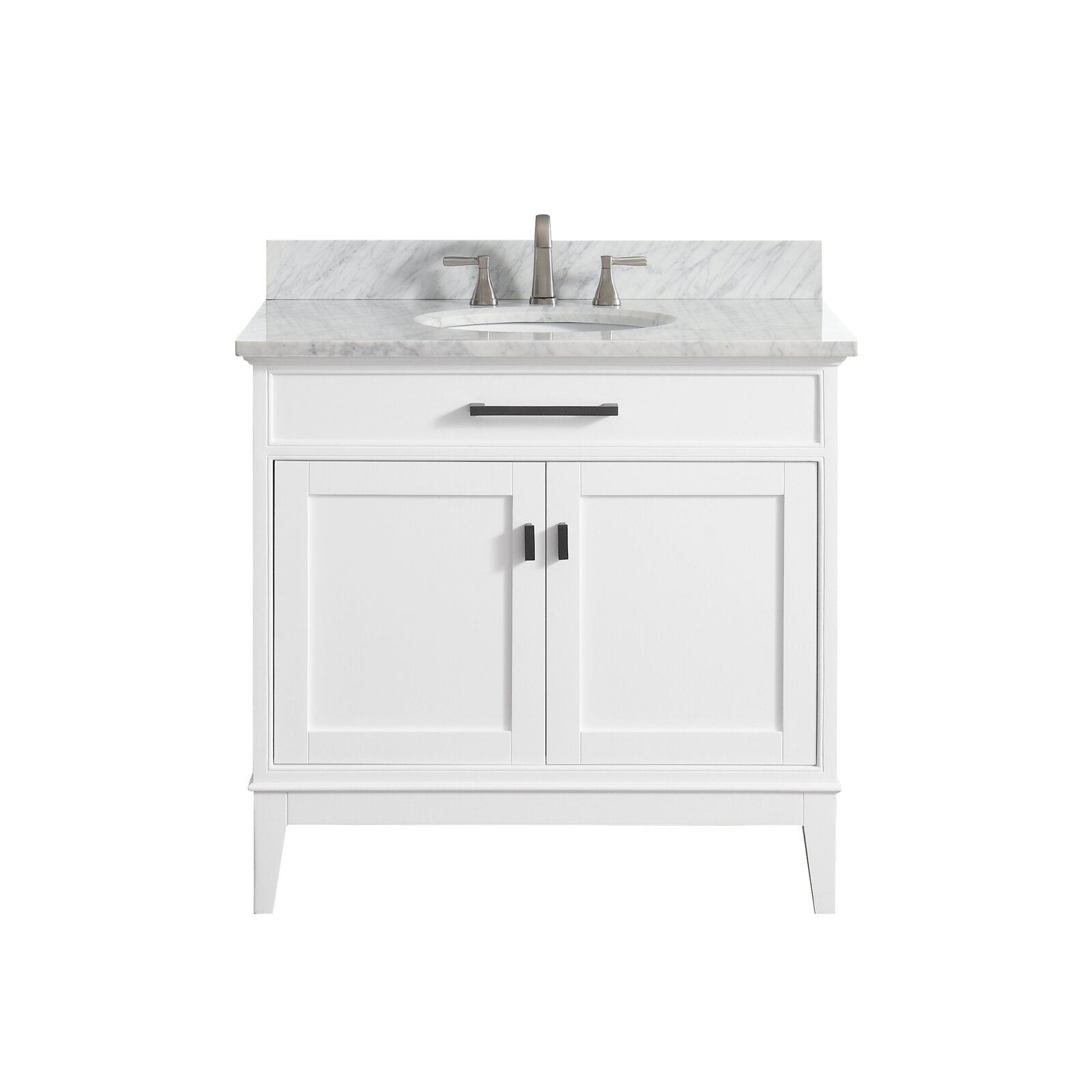 Front view of a 37-inch freestanding modern bathroom vanity with stone marble top and oval undermount sink, white solid wood cabinet with a top drawer and two doors, matte black handles and brushed nickel faucet.
