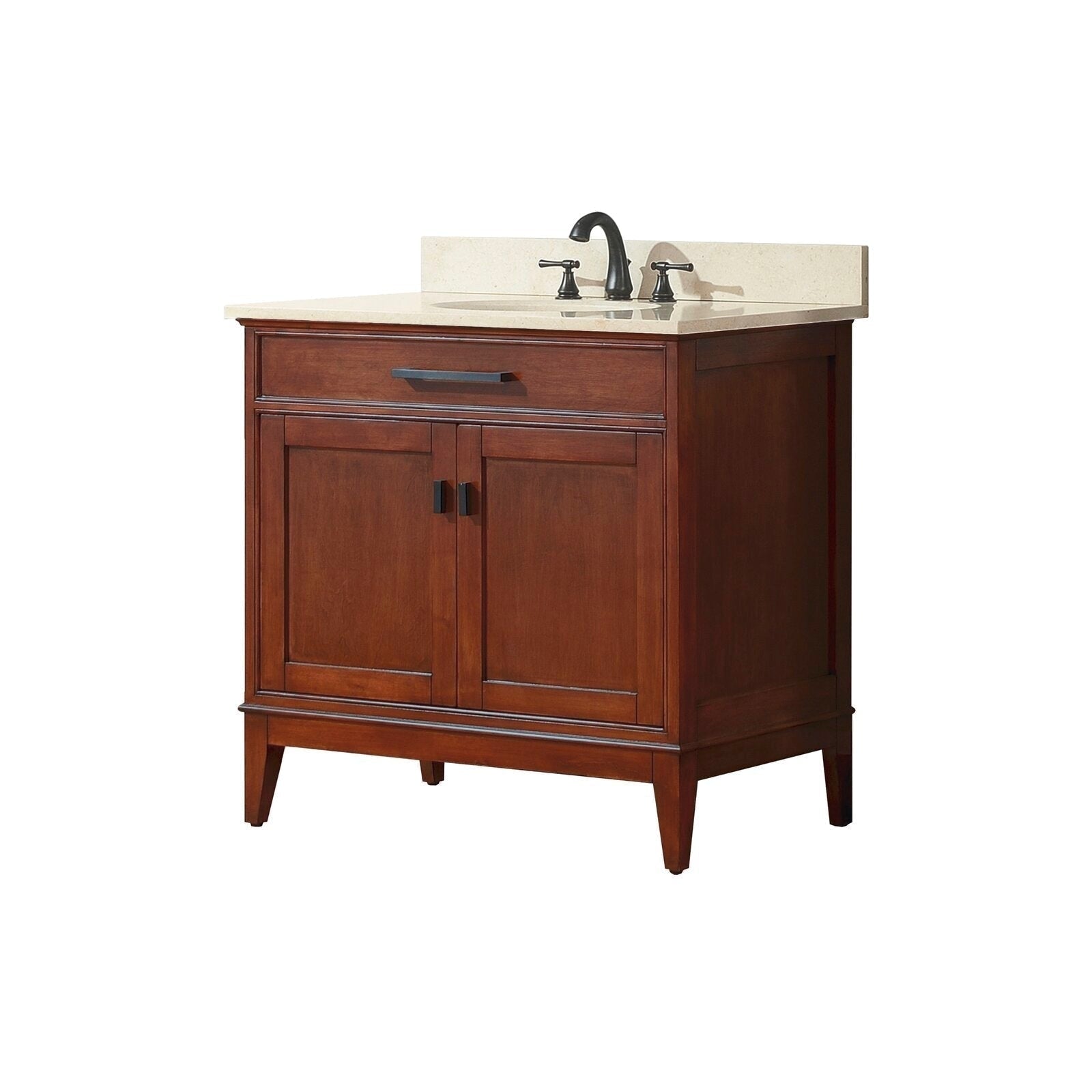 Freestanding 37-inch modern solid wood bathroom vanity in warm brown with a stone countertop and integrated single ceramic sink, matte black faucet and hardware, shaker-style cabinet doors and tapered legs.