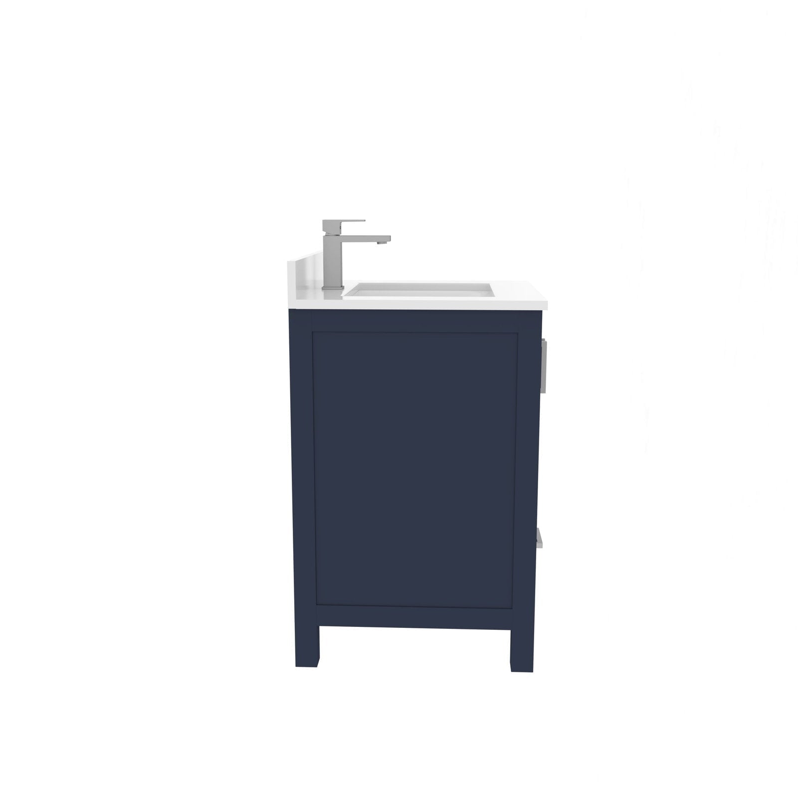 Side view of a modern solid wood bathroom vanity with a stone countertop, integrated rectangular sink and single-handle chrome faucet.