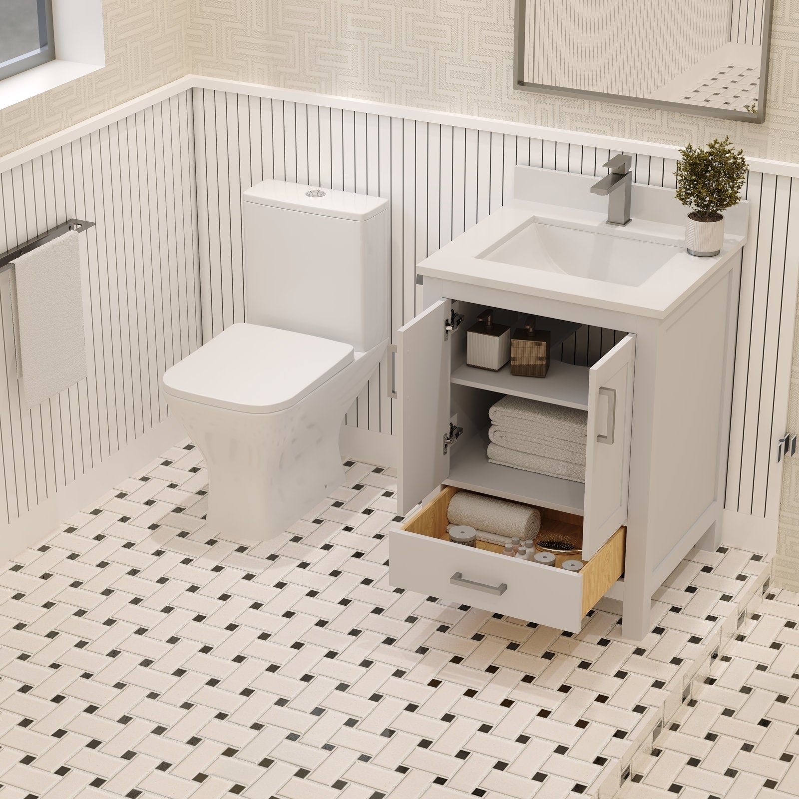 Freestanding 24-inch stone-finish single-sink vanity in solid wood with ceramic sink and modern faucet; open cabinet doors and drawer reveal folded towels and toiletries beside a toilet.