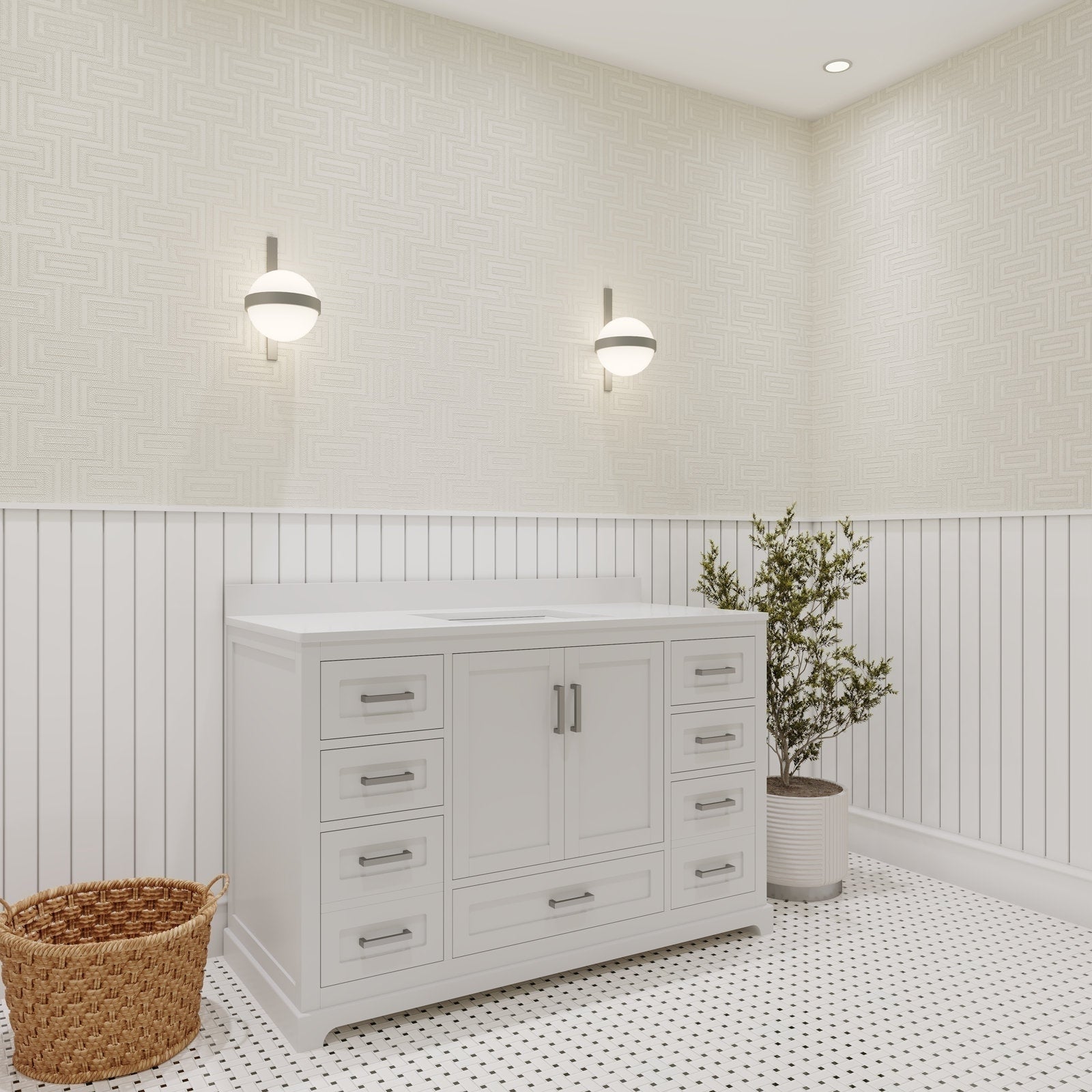 Modern 48-inch stone-colored solid wood single-sink bathroom vanity with stone countertop and ceramic sink cutout, shaker-style center doors, six drawers with metal pulls, freestanding on white mosaic tile beside wicker basket and potted plant.
