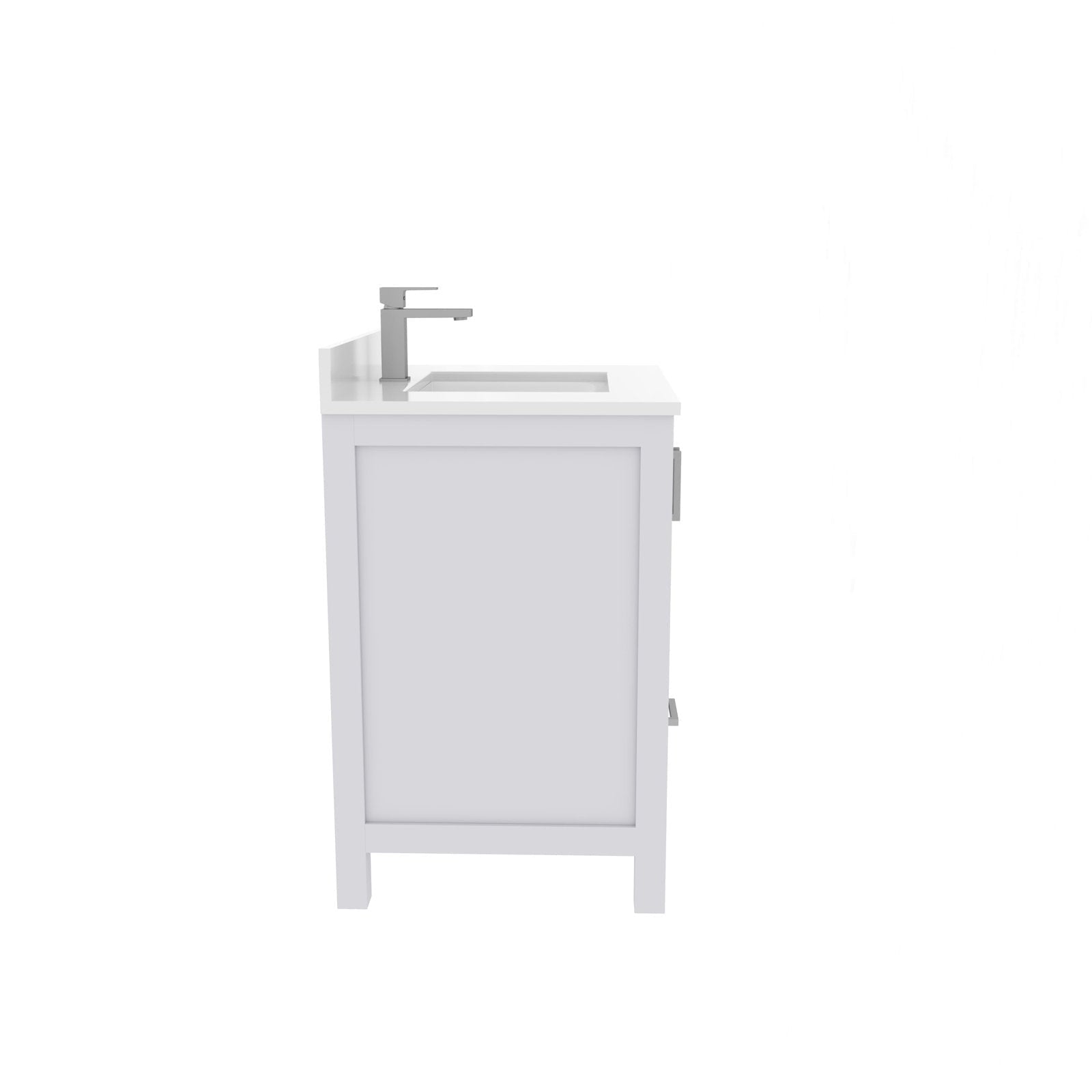 Side view of a modern 30-inch stone-colored solid wood bathroom vanity with a stone top, integrated rectangular sink and single-handle chrome faucet; shaker-style side panel and metal drawer handles visible.