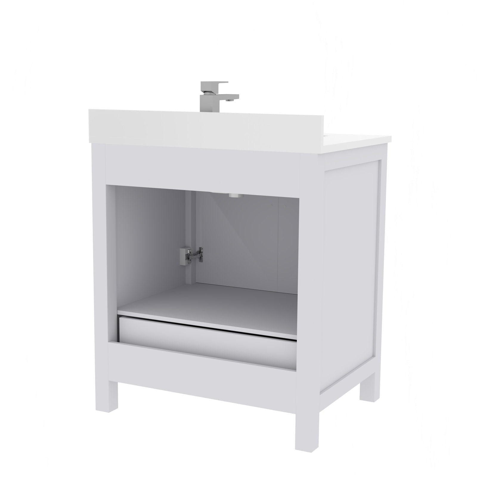 Freestanding 30-inch modern solid-wood single-sink bathroom vanity in stone finish with a white stone top and chrome faucet, shown with open lower cabinet, interior shelf and front storage drawer.