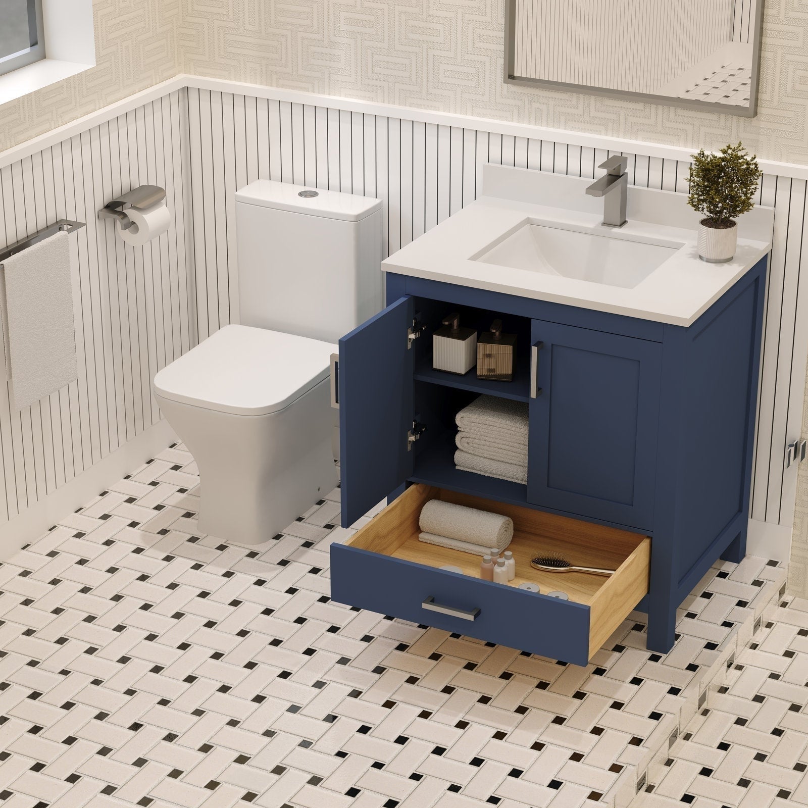 Navy solid-wood single-sink vanity with a white stone countertop and integrated ceramic basin in a modern bathroom; open cabinet reveals towels and a wood-lined drawer beside a white toilet.