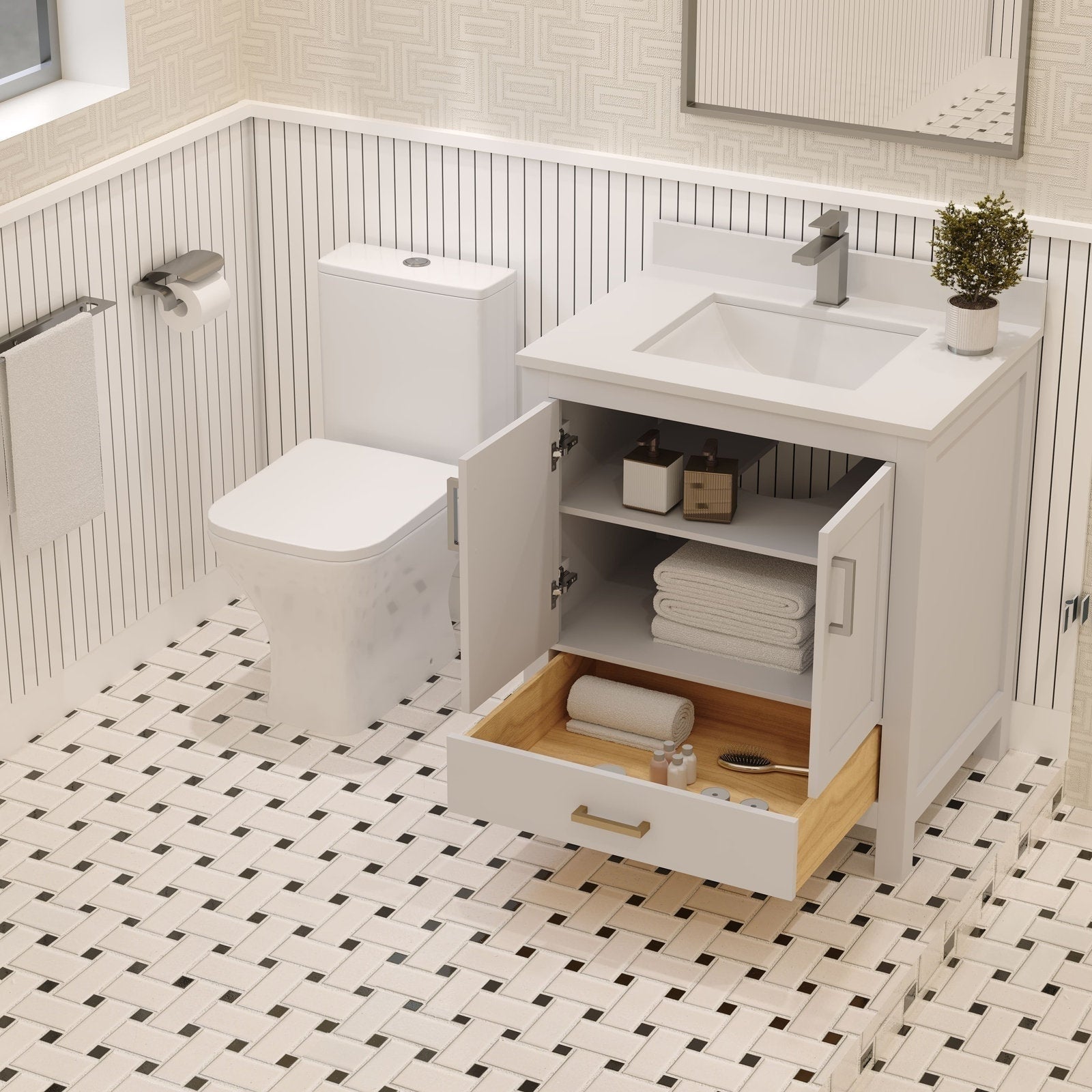 Modern solid wood bathroom vanity with a white stone top and integrated rectangular sink; cabinet doors open to a shelf with folded towels and toiletries, plus a pulled-out wood-lined drawer.