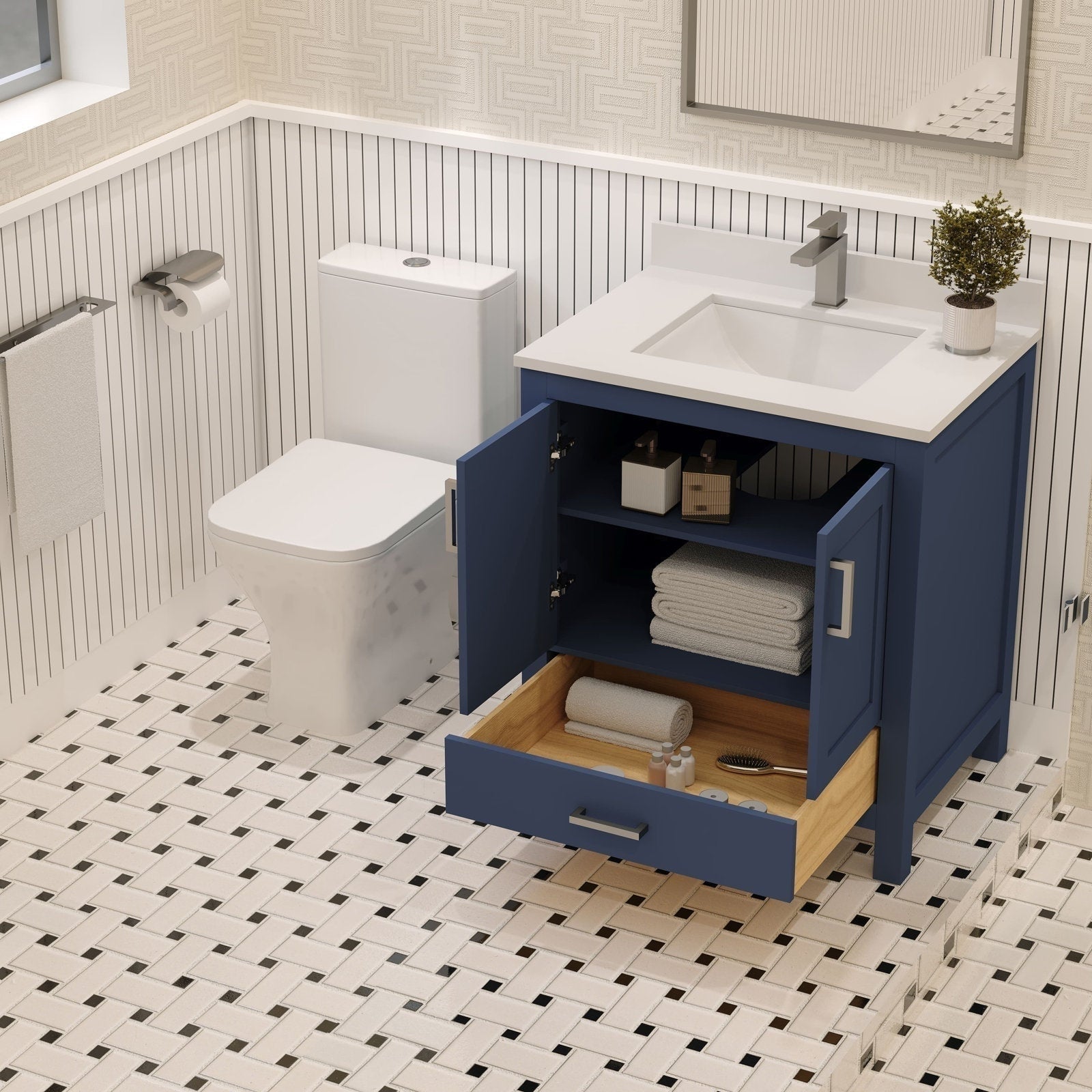 Modern solid wood bathroom vanity with a stone countertop and integrated rectangular sink; open double doors and a pulled-out bottom drawer reveal towels and toiletries, paired with a single-handle faucet, mirror and adjacent toilet on patterned tile
