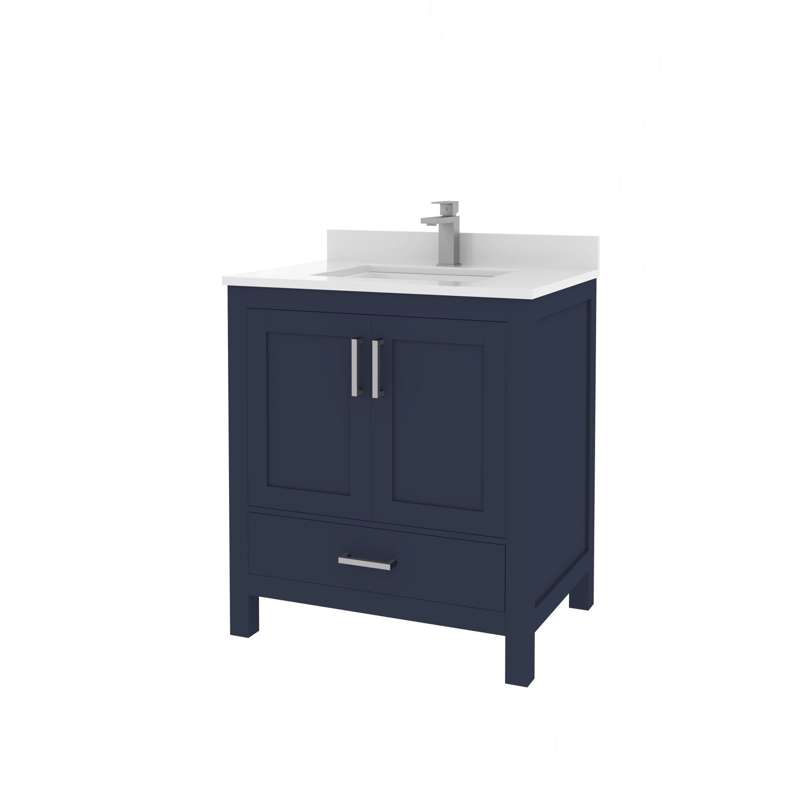 Modern freestanding solid wood bathroom vanity in navy blue with a white stone top and integrated rectangular sink, chrome single-handle faucet, two-door cabinet and lower storage drawer with brushed metal pulls.