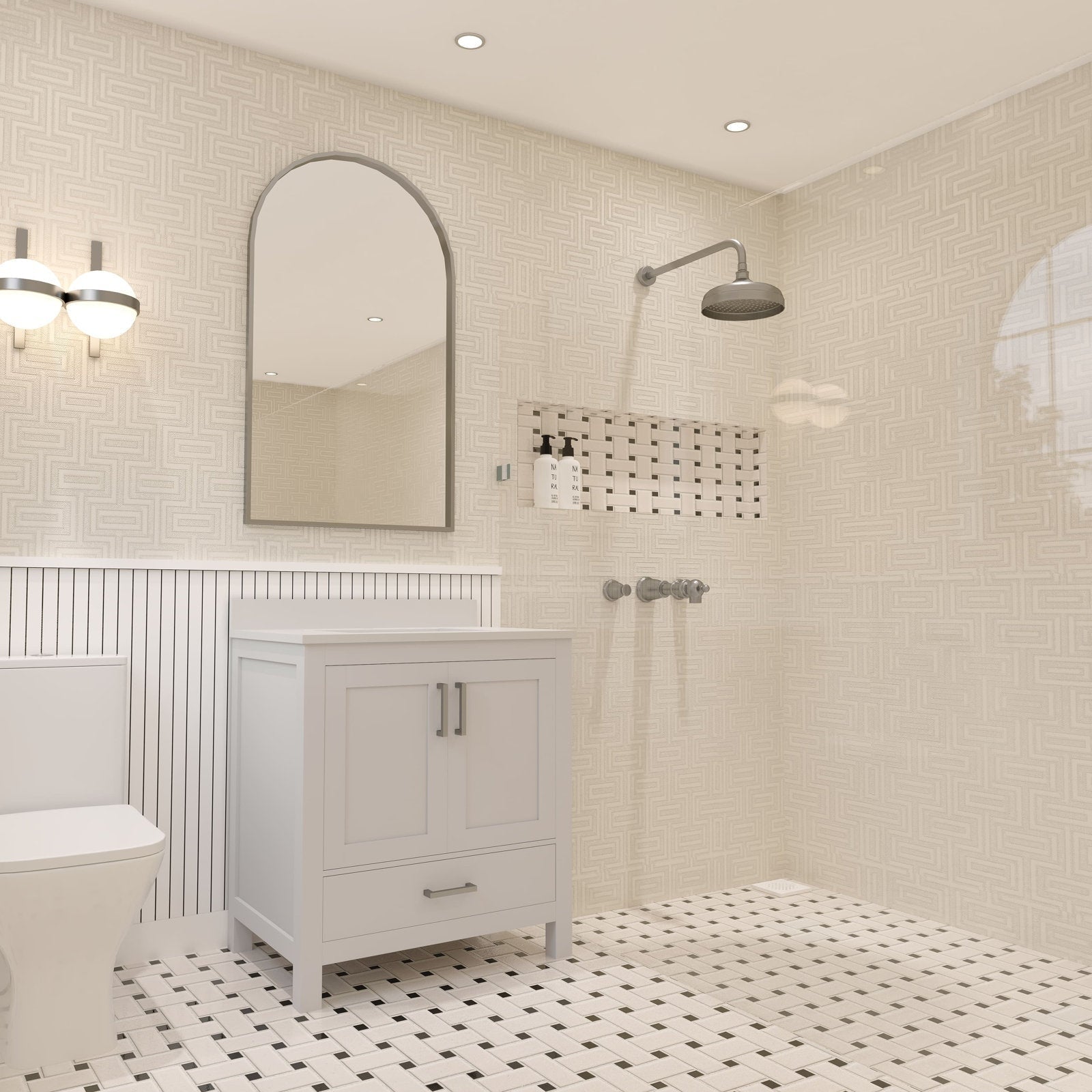 Freestanding 30-inch modern solid wood bathroom vanity in stone finish with stone countertop, two cabinet doors and a lower drawer with brushed metal pulls, shown beside a toilet under an arched mirror in a tiled bathroom.