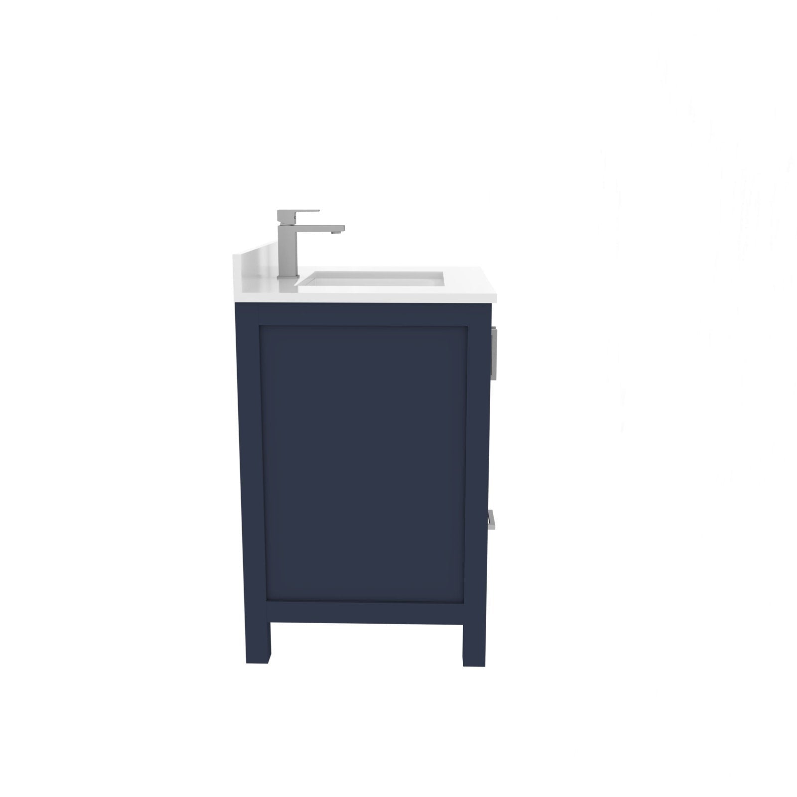 Side view of a modern freestanding 30-inch single-sink vanity with a navy solid-wood cabinet, white stone countertop, integrated rectangular sink and chrome single-handle faucet.