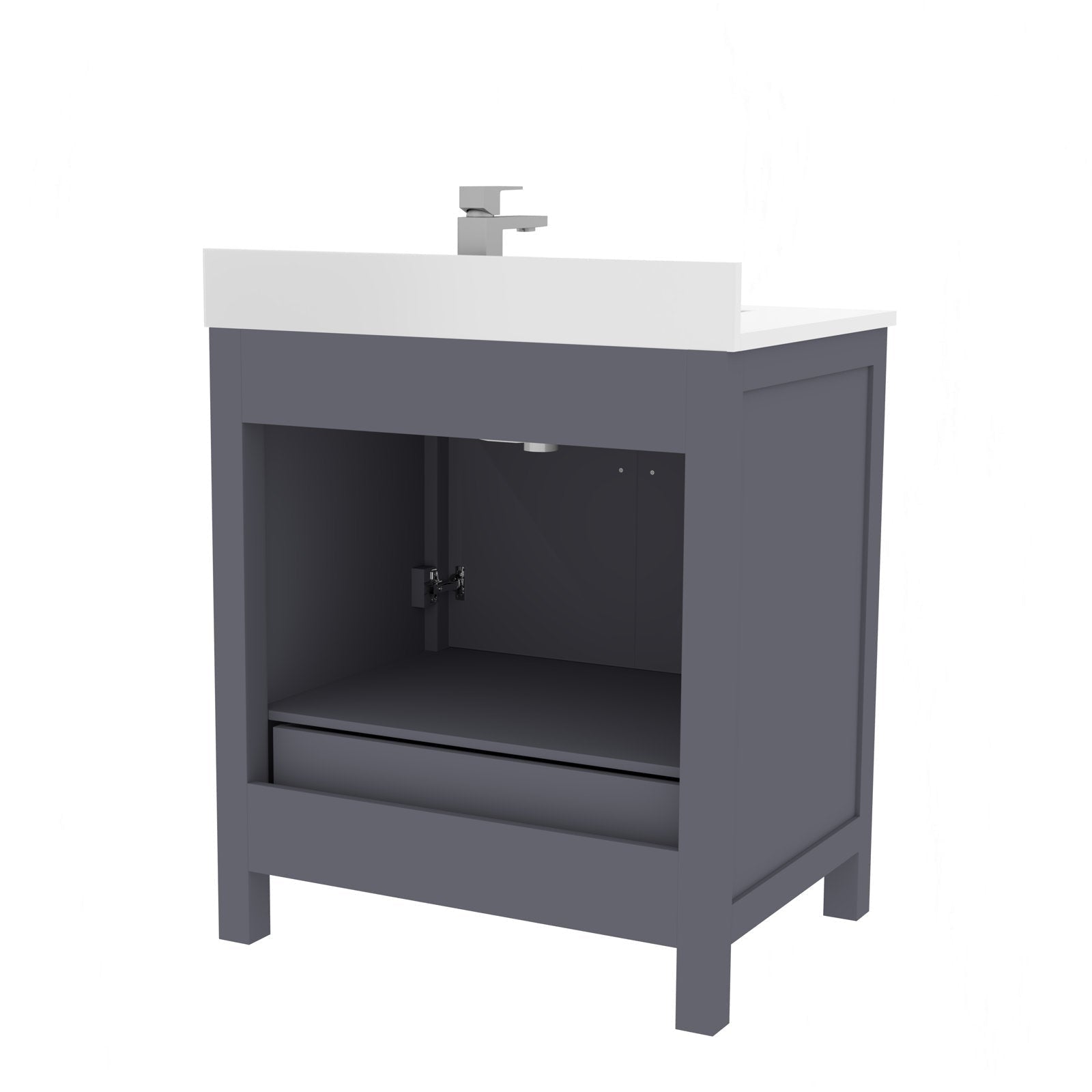 Modern 30-inch freestanding bathroom vanity with white stone top and stone-colored solid wood base, single sink with faucet, open storage compartment and a lower drawer in a contemporary rectangular design.