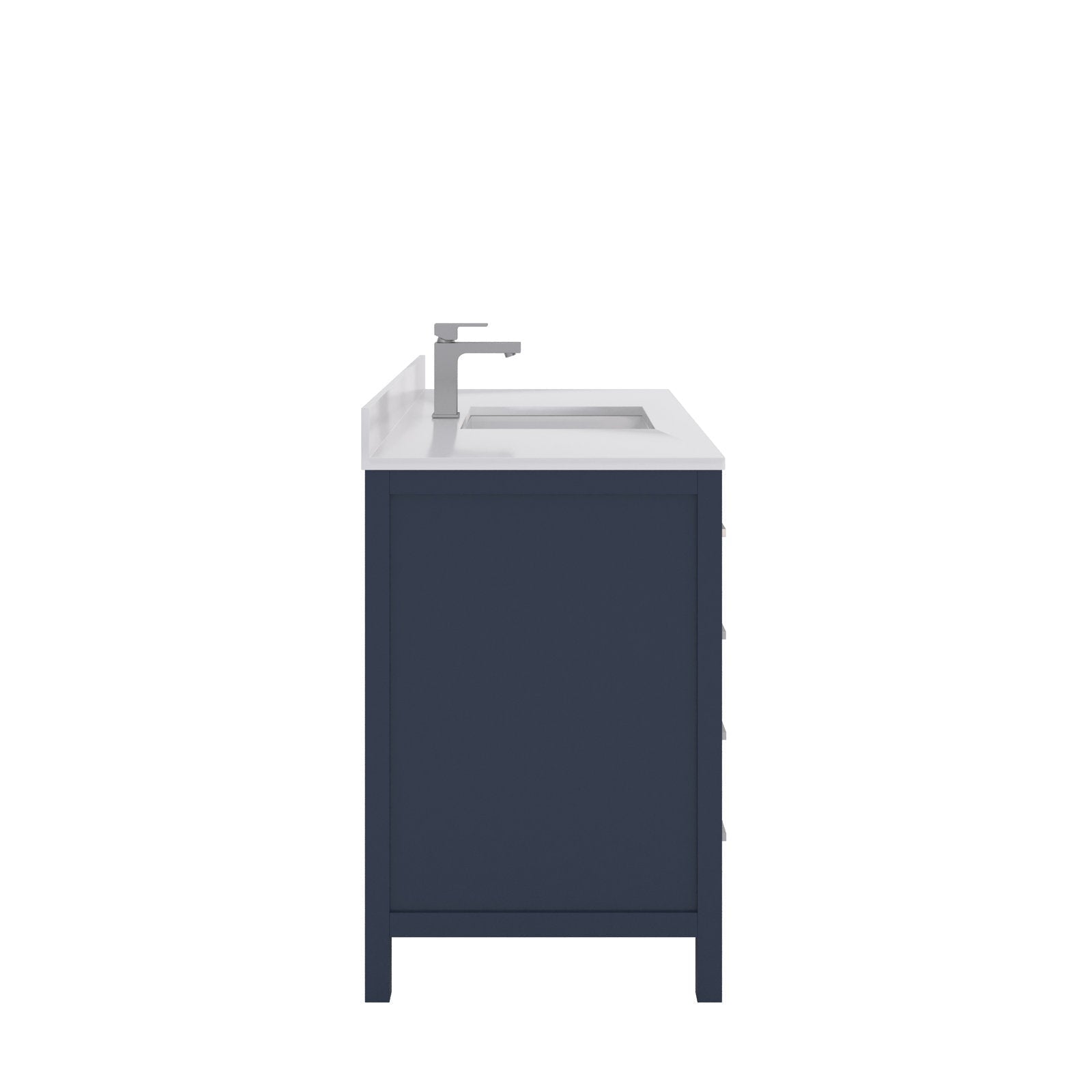 Side profile of a modern 48-inch solid wood bathroom vanity in a stone finish, featuring a white stone countertop with integrated rectangular ceramic sink and a single-handle metal faucet.