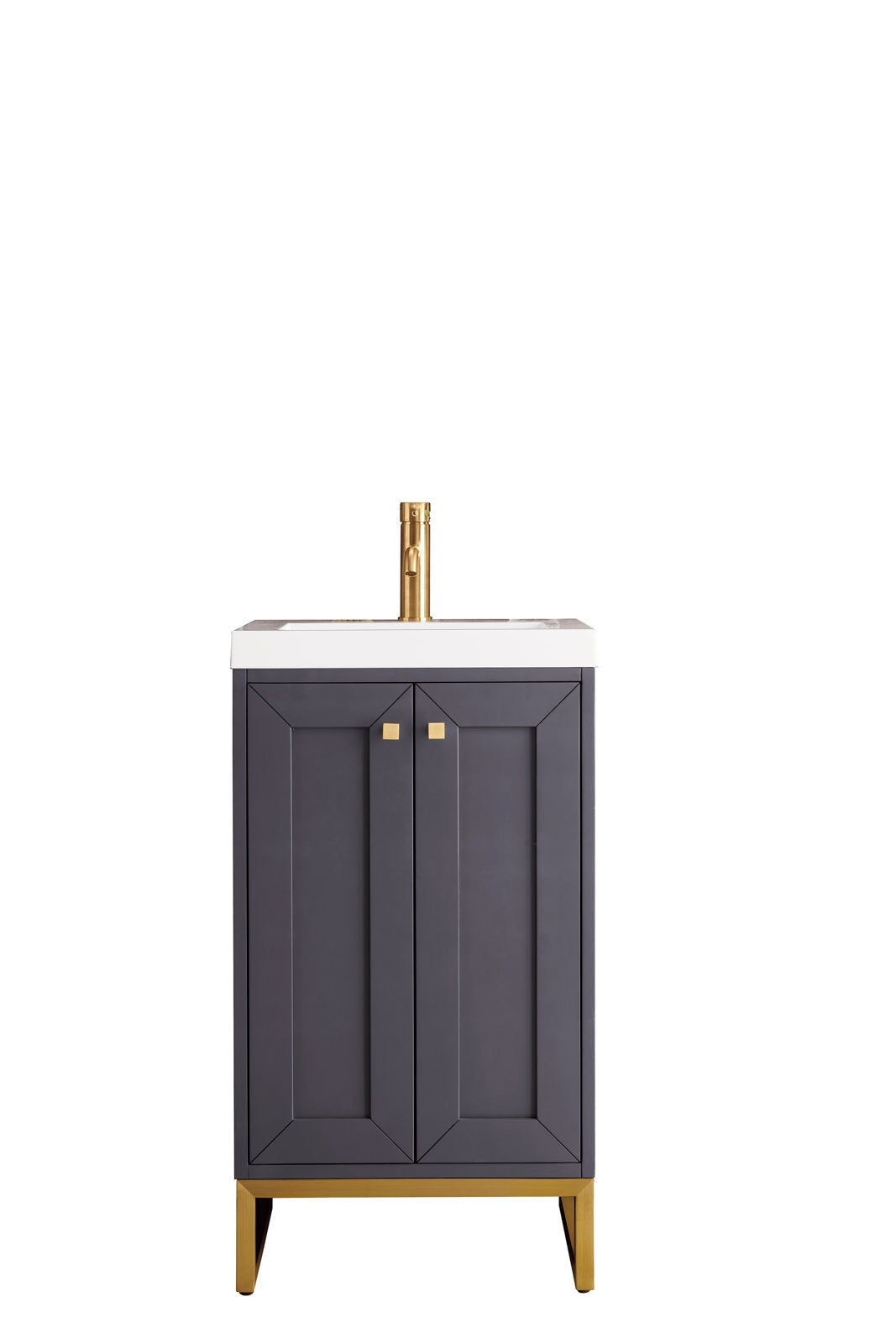 Freestanding modern single-sink bathroom vanity with a white stone top and integrated ceramic sink, dark stone-finished solid wood cabinet with two paneled doors, square gold knobs and matching gold metal legs.