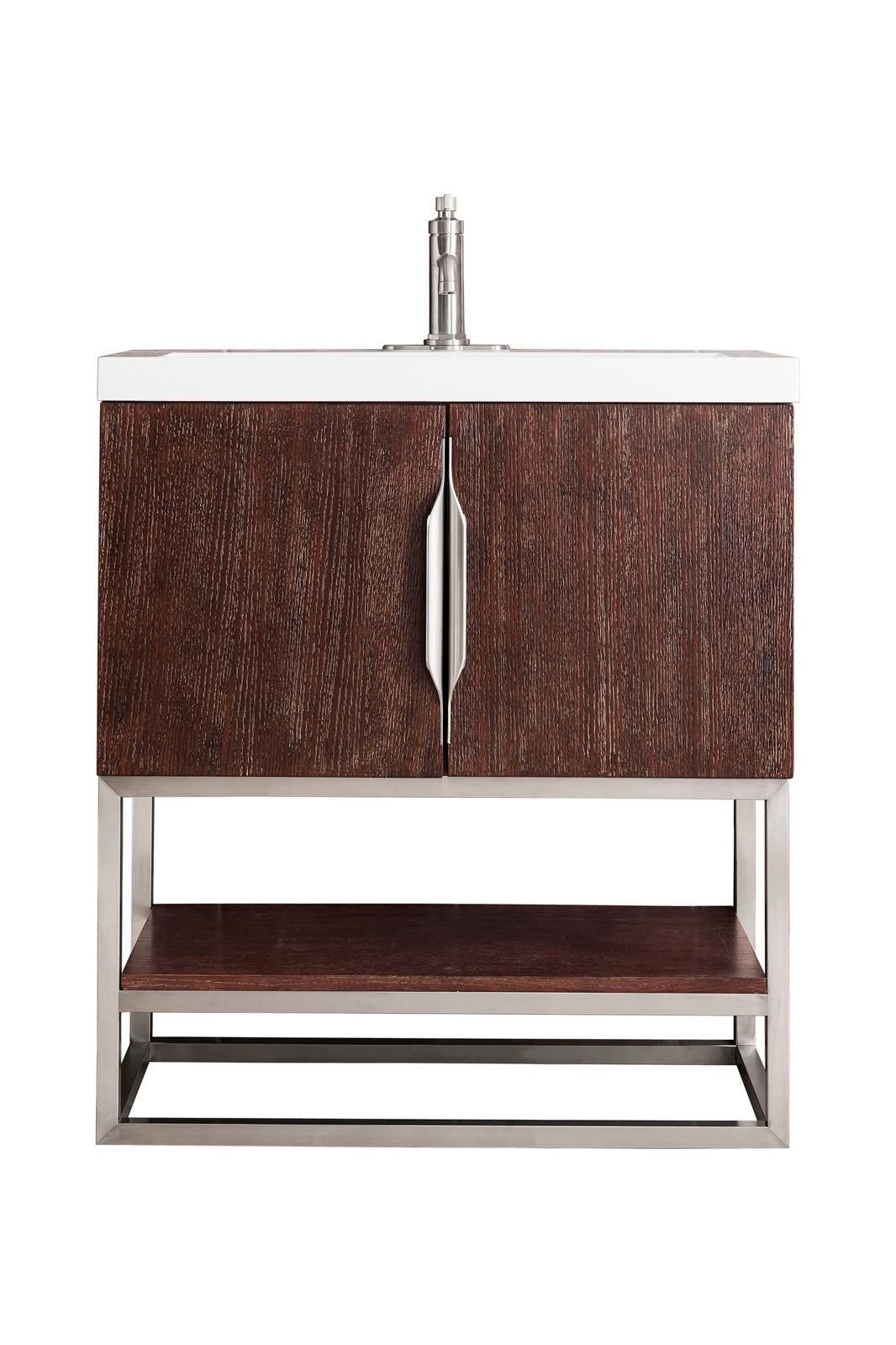 Modern single-sink bathroom vanity with a white stone top, dark solid wood cabinet doors, vertical chrome center handle, exposed stainless metal frame and open lower shelf, shown front-on with faucet.