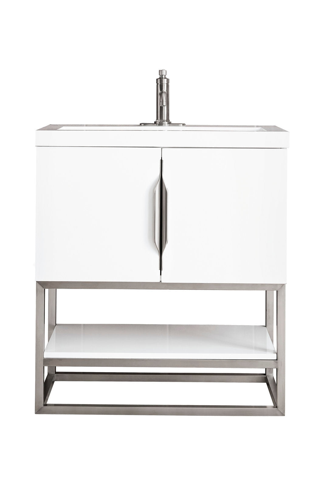 Contemporary white single-sink bathroom vanity with stone top and solid wood cabinet, central stainless pull handle, raised metal frame and open lower shelf for storage.