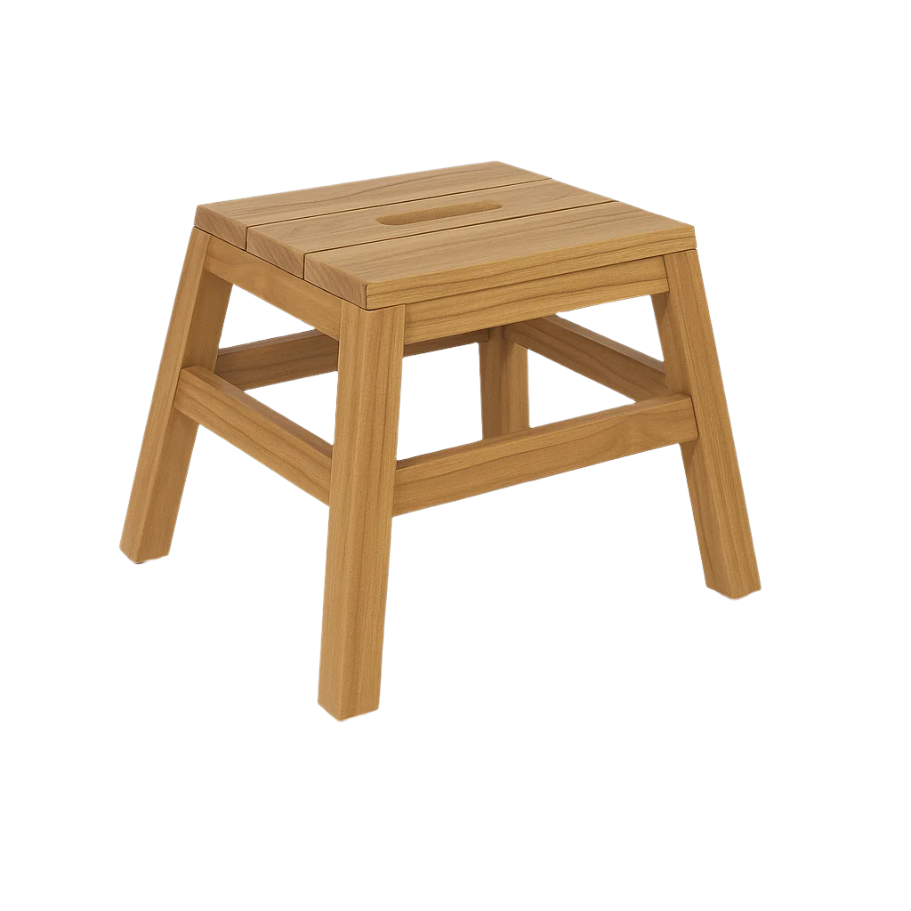 The NUEMA Berwick Teak Shower Stool is a small, light-brown stool with a compact design, four angled legs, support bars, and a rectangular seat with a center slot handle. Displayed on a plain white background.