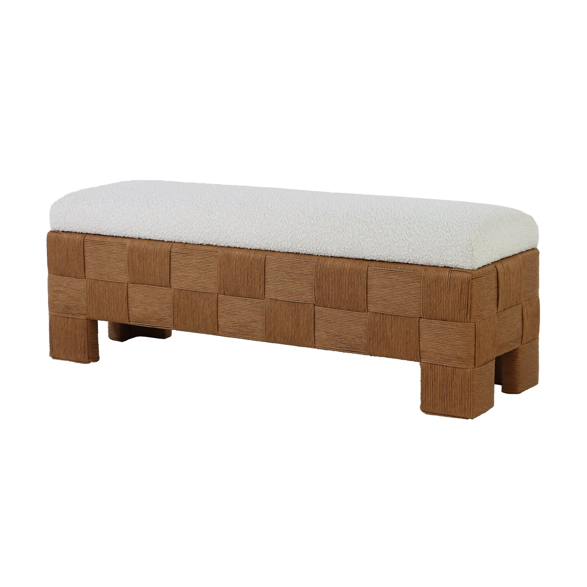 59-inch boucle upholstered bench with a cream fabric cushion set on a woven natural rattan checkerboard base and short rattan feet, low-profile boho-contemporary end-of-bed or entryway bench.