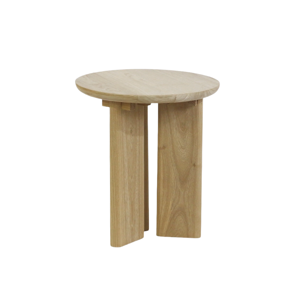 Round solid oak coffee table in a natural oak finish with a slim circular top supported by three wide flat plank legs, minimalist modern design shown on a white background.