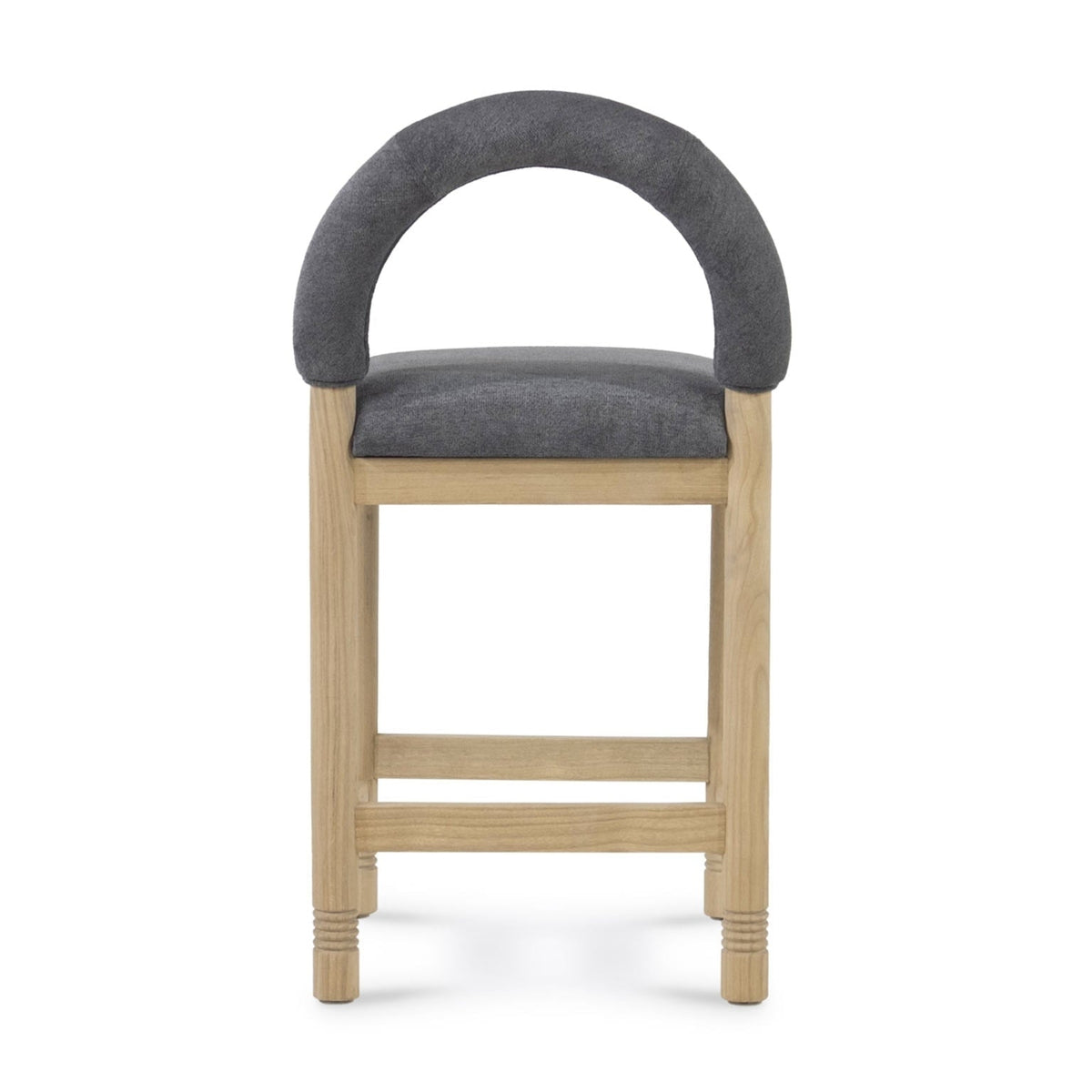 Front view of a counter-height stool with a natural oak frame, charcoal-gray bouclé upholstered seat and rounded low back, featuring straight legs and twin footrest rails on a white background.