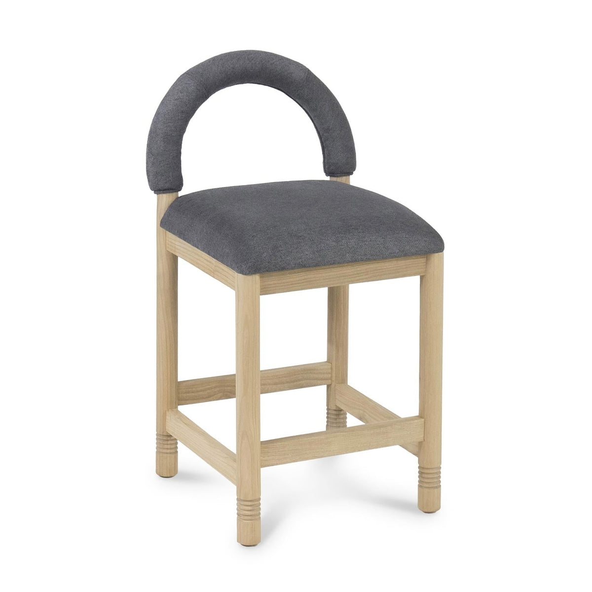 Natural oak-framed counter stool with a cushioned gray boucle seat and rounded upholstered low back, square legs joined by stretcher rails and subtle turned-ring details at the feet.
