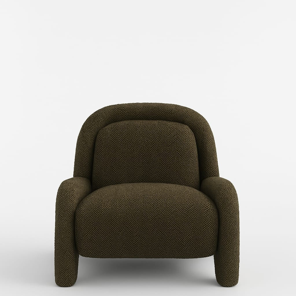 Front view of an olive-green chevron wool upholstered accent chair with a rounded full back, plush seat and curved arm supports in a modern contemporary style.