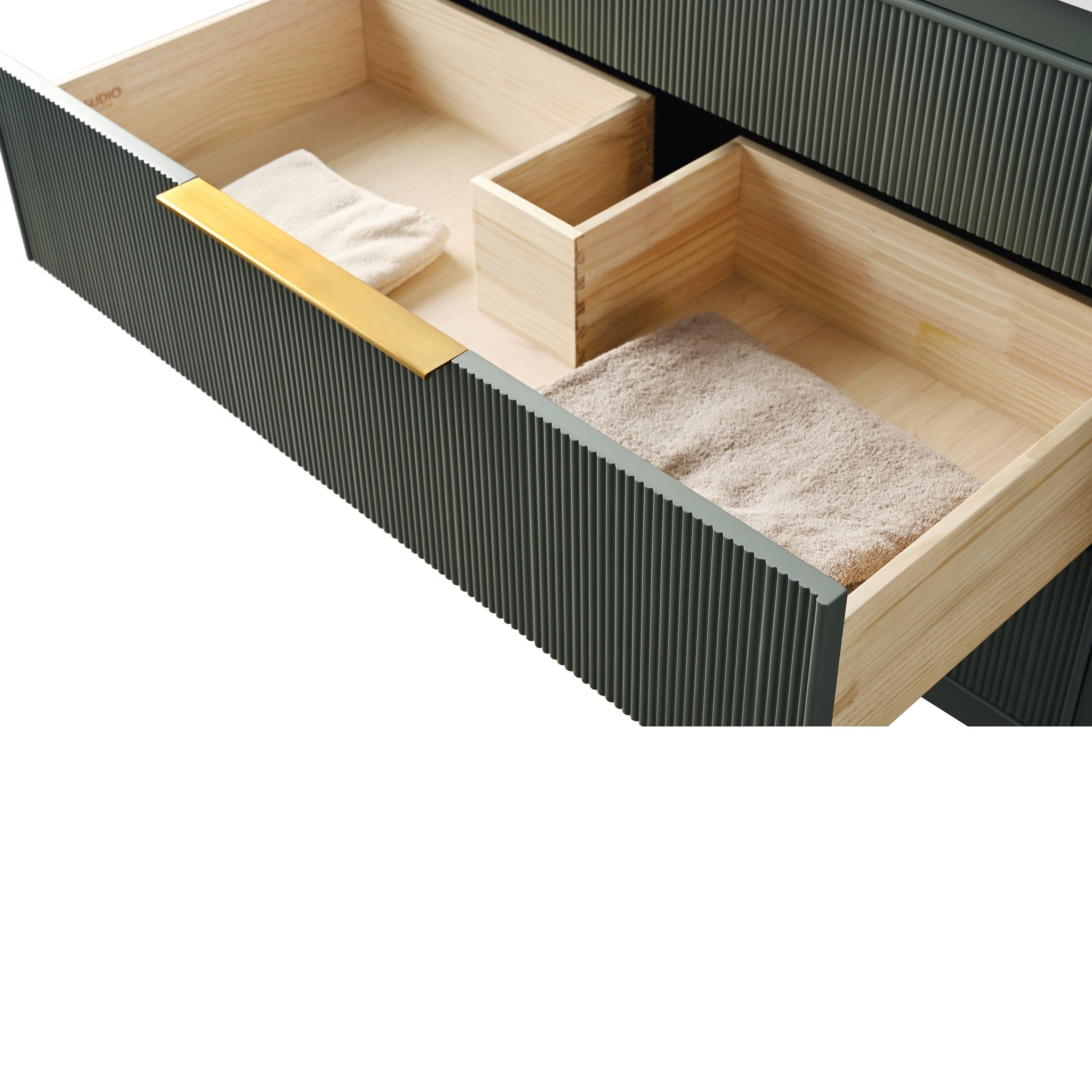 Open 42-inch single bathroom vanity drawer showing a ribbed stone-colored front with a brass-finish pull, solid wood interior dividers and neatly folded beige towels.