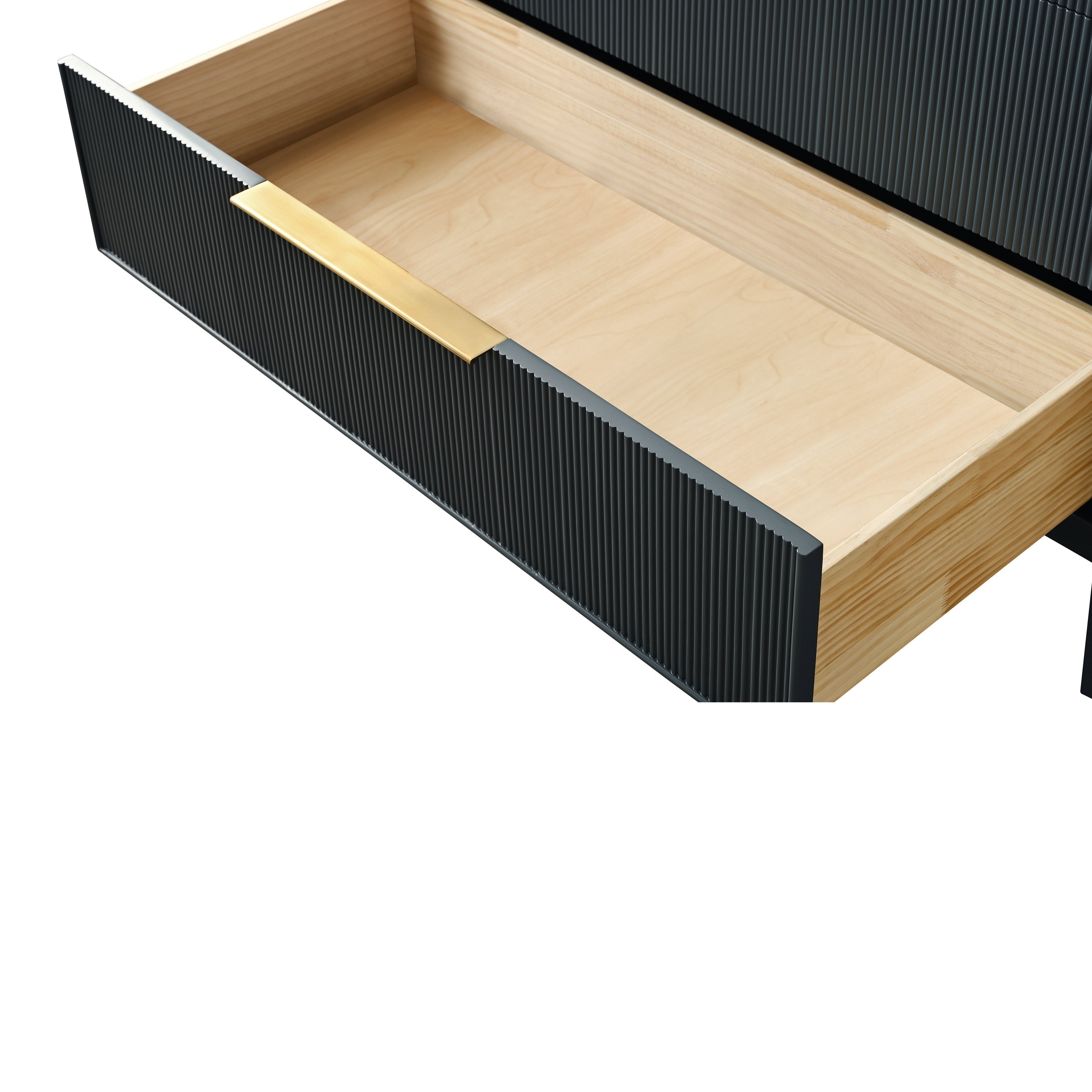 Open modern vanity drawer with ribbed dark stone-colored front, light solid wood interior and a flat brass handle visible across the drawer face.