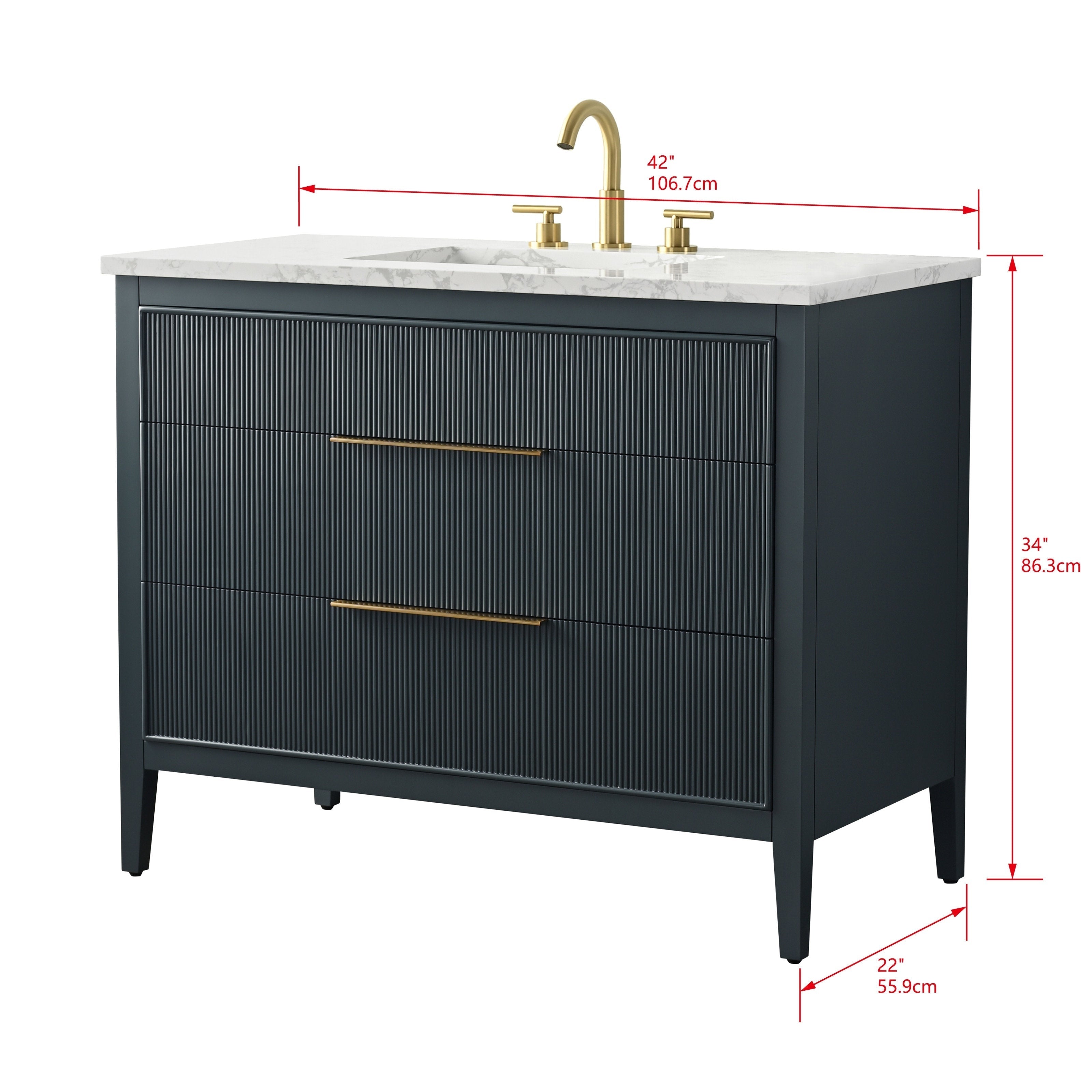 Modern 42-inch freestanding single-sink bathroom vanity in stone-colored solid wood with vertical ribbed drawer fronts, marble-look stone top with undermount ceramic sink, and brushed gold faucet and bar handles.