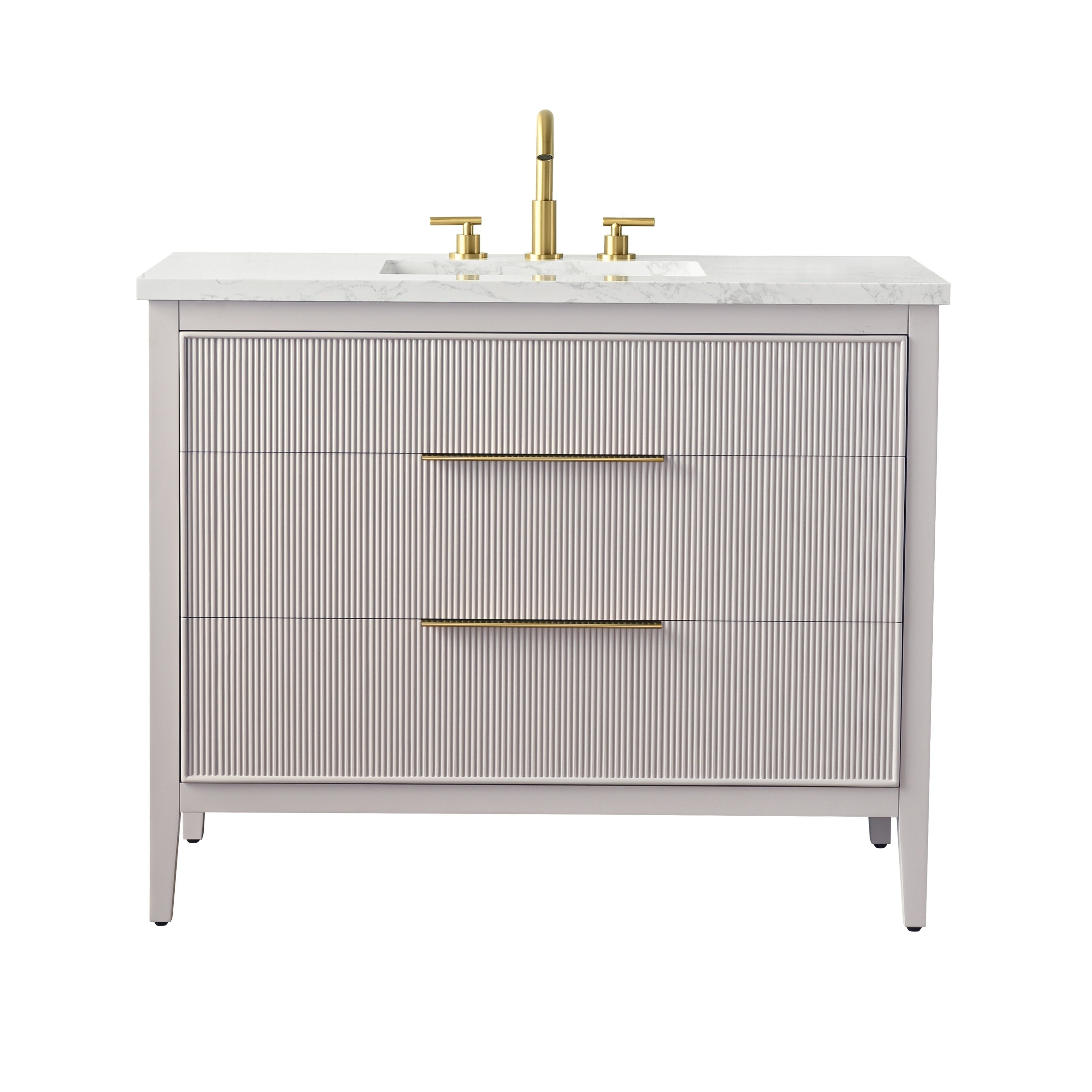 42-inch modern freestanding single-sink bathroom vanity with a stone-look marble top, undermount rectangular ceramic sink, solid wood fluted taupe cabinet with two wide drawers and long brushed brass handles and faucet.