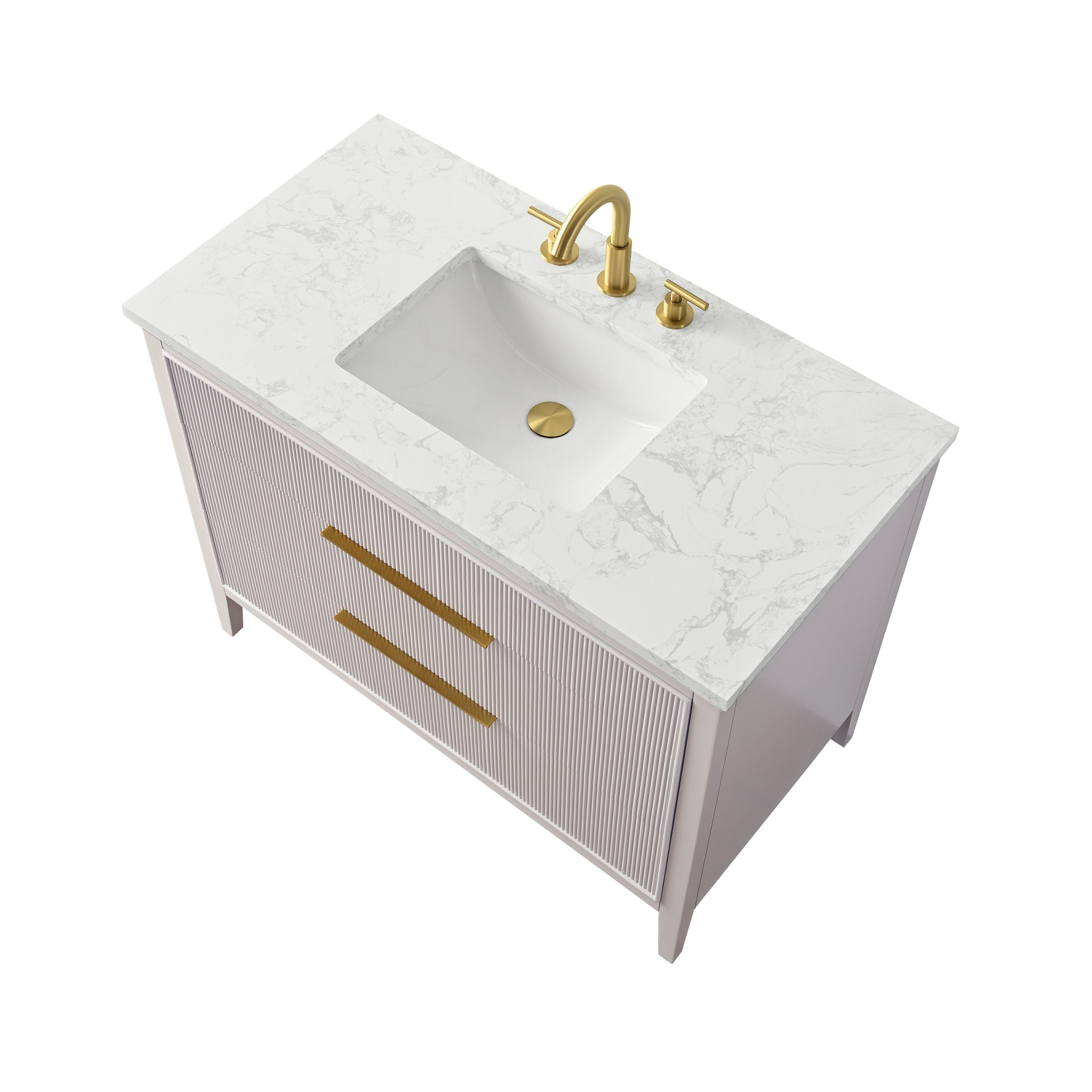 Top-down view of a freestanding single-sink bathroom vanity with a white marble-look stone countertop, rectangular undermount ceramic sink, solid wood stone-colored ribbed cabinet and brass-gold faucet and matching long drawer pulls.