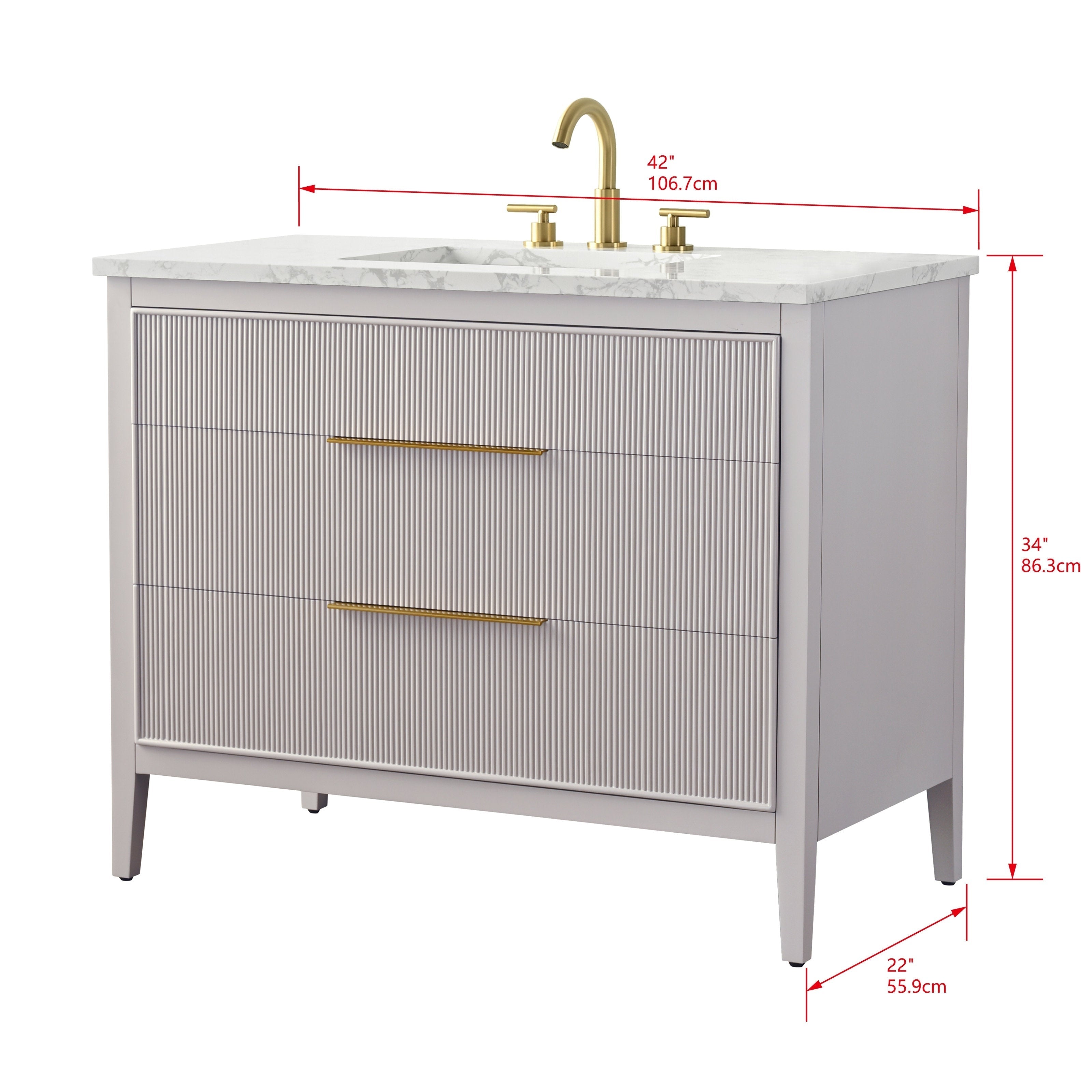 42-inch freestanding single-sink bathroom vanity in stone-colored solid wood with marbled stone top, integrated rectangular sink, fluted drawer fronts, long brass drawer pulls and brass faucet, tapered legs and red measurement arrows overlay
