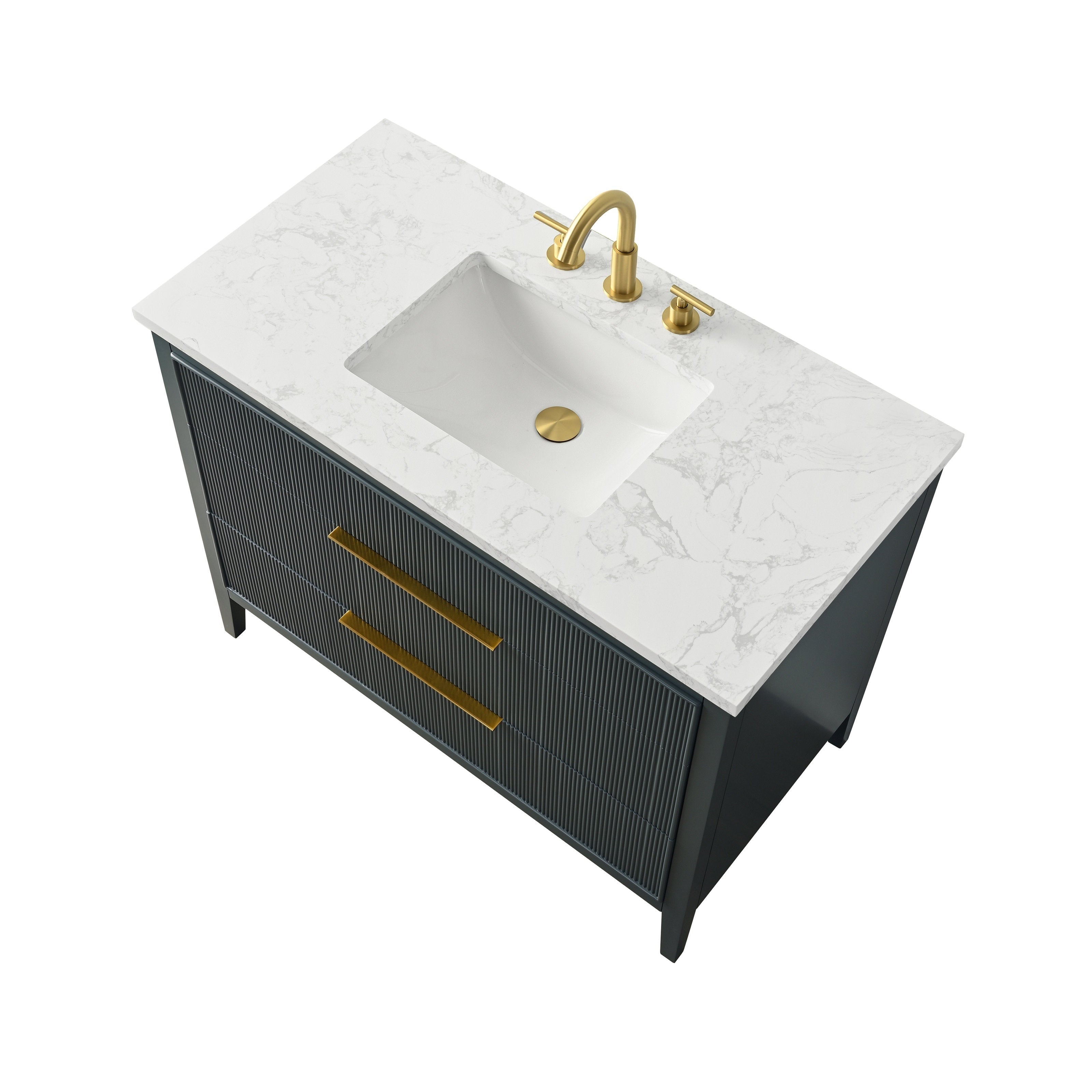 Freestanding modern wood bathroom vanity with white marbled stone top, rectangular ceramic undermount sink, brushed gold faucet, drain and long gold drawer pulls on a dark grooved front.